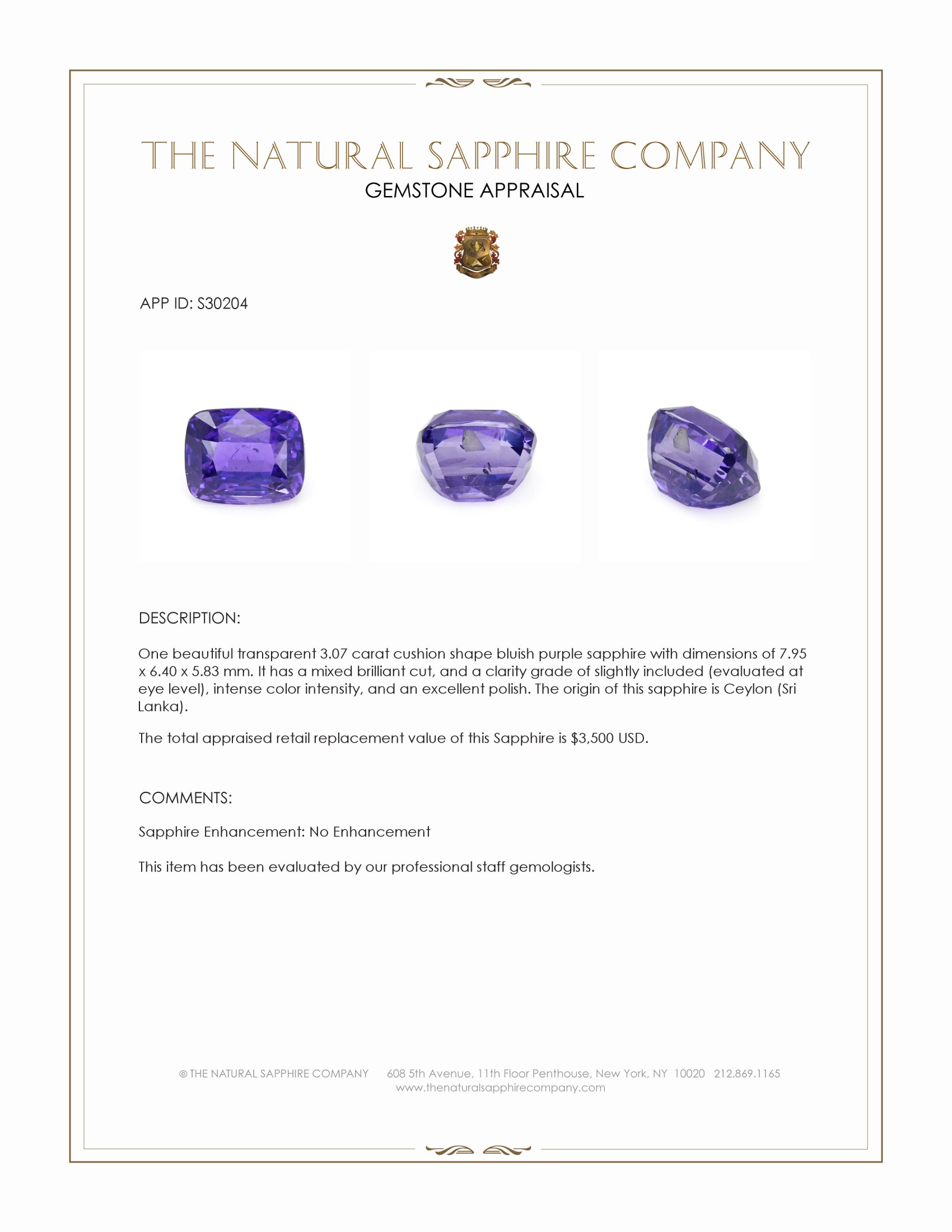 3.07 Ct. Bluish Purple Sapphire from Ceylon (Sri Lanka)