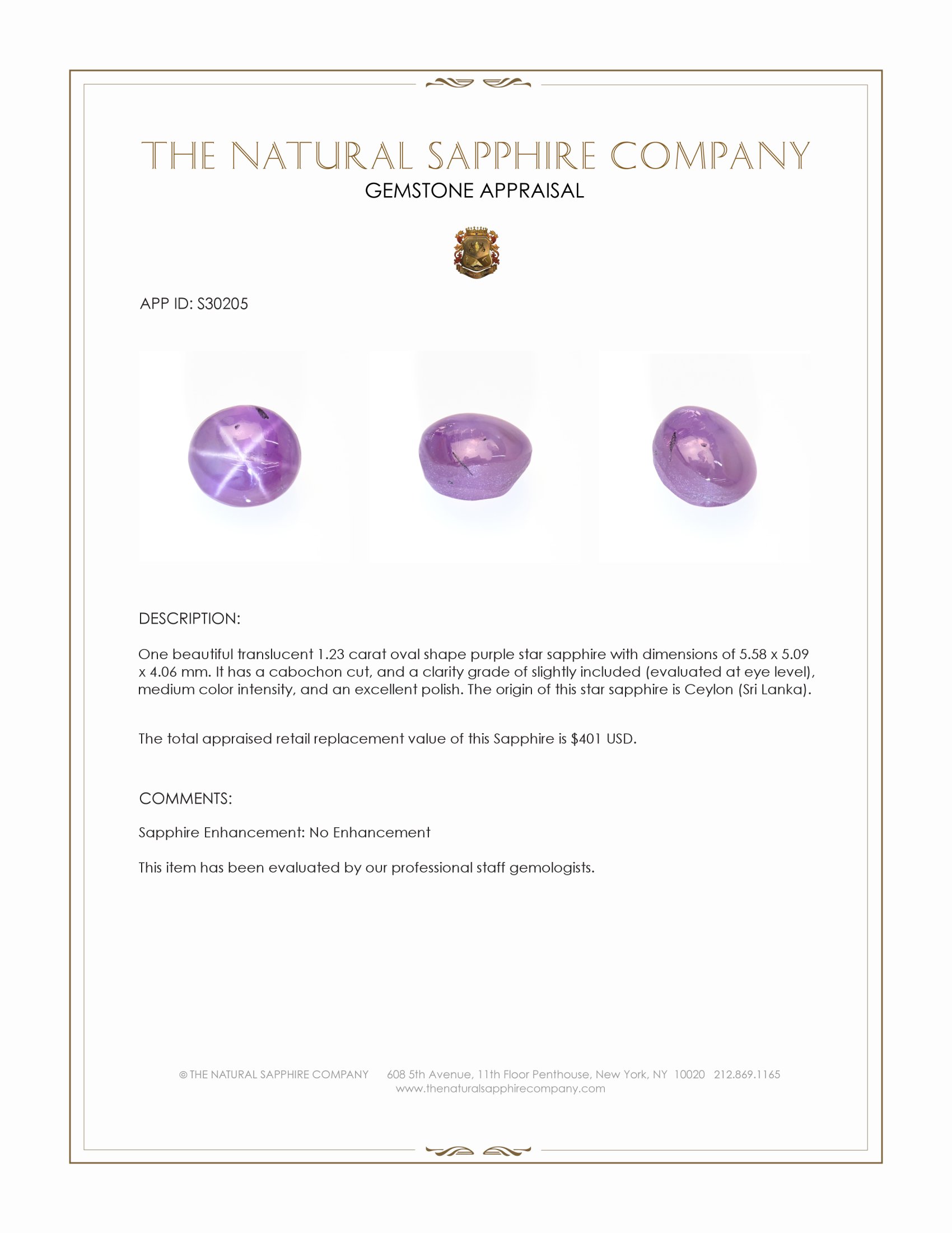 1.23 Ct. Purple Star Sapphire from Ceylon (Sri Lanka)