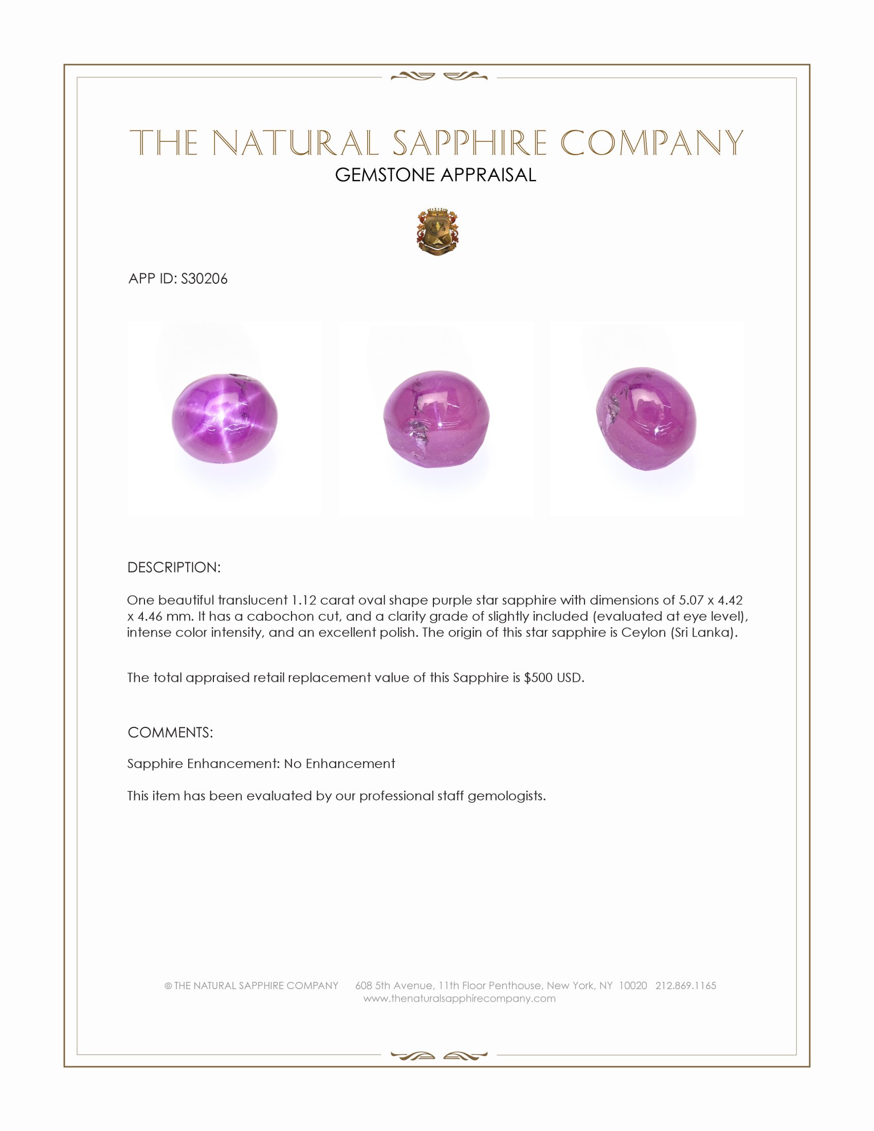 1.12 Ct. Purple Star Sapphire from Ceylon (Sri Lanka)