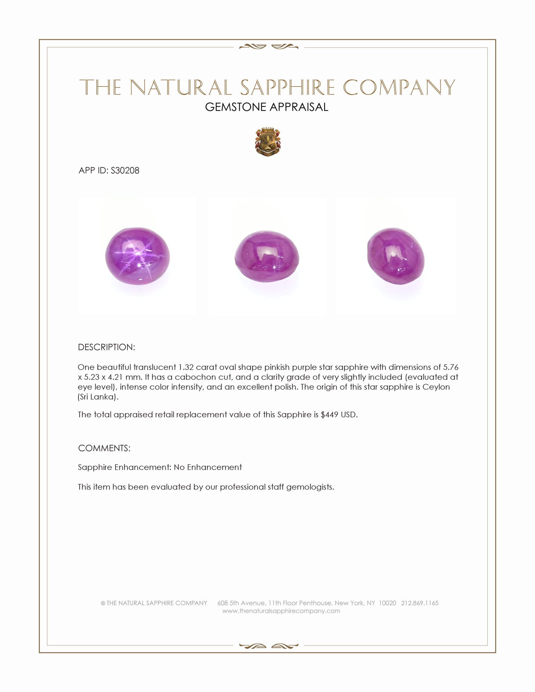 1.32 Ct. Pinkish Purple Star Sapphire from Ceylon (Sri Lanka)