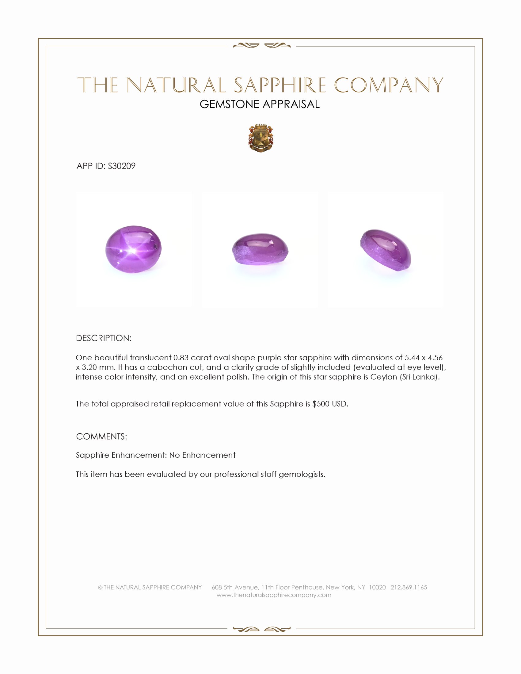 0.83 Ct. Purple Star Sapphire from Ceylon (Sri Lanka)