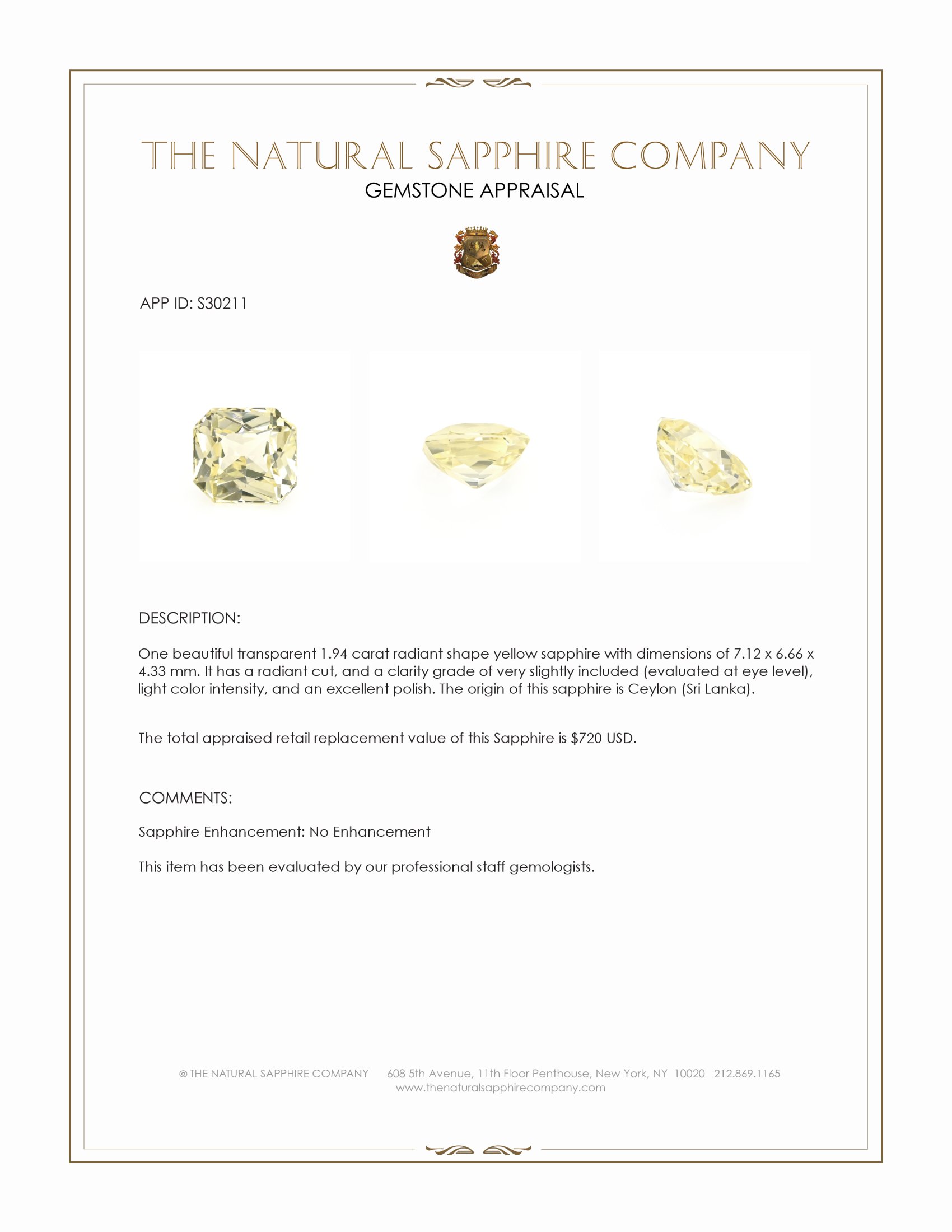 1.94 Ct. Yellow Sapphire from Ceylon (Sri Lanka)