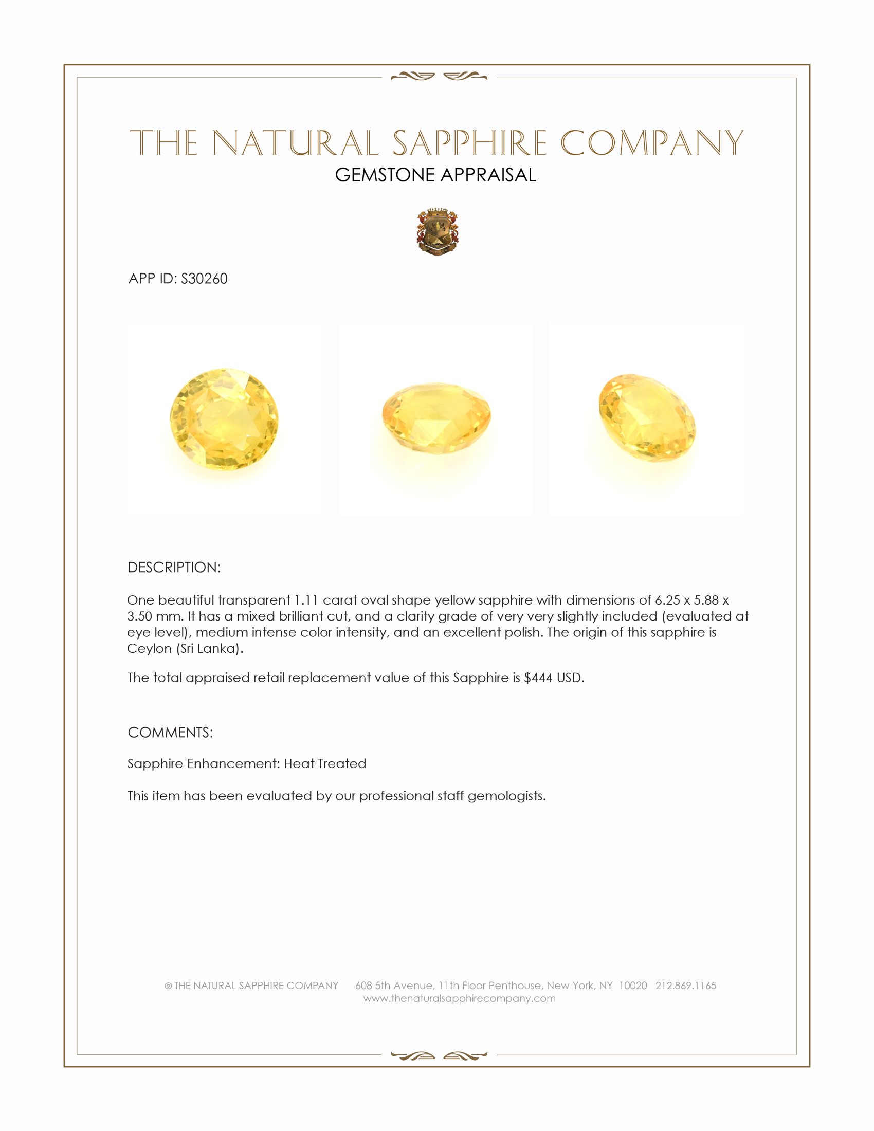 1.11 Ct. Yellow Sapphire from Ceylon (Sri Lanka)