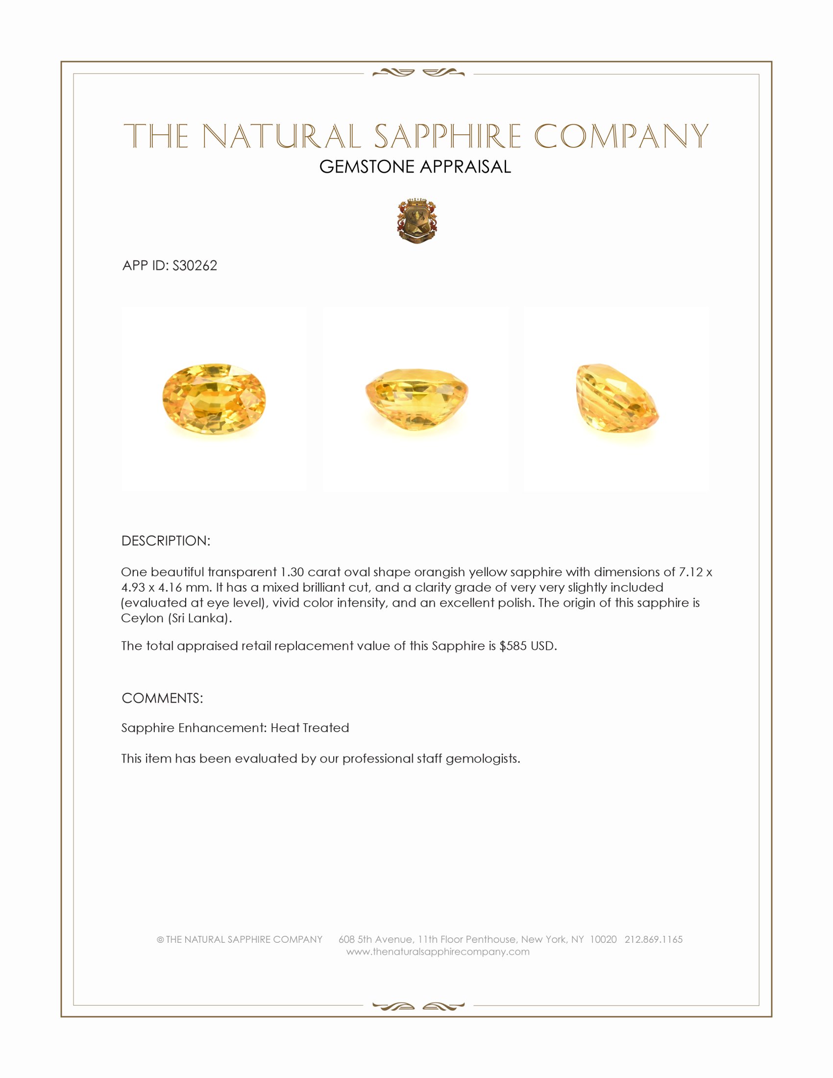 1.30 Ct. Orangish Yellow Sapphire from Ceylon (Sri Lanka)