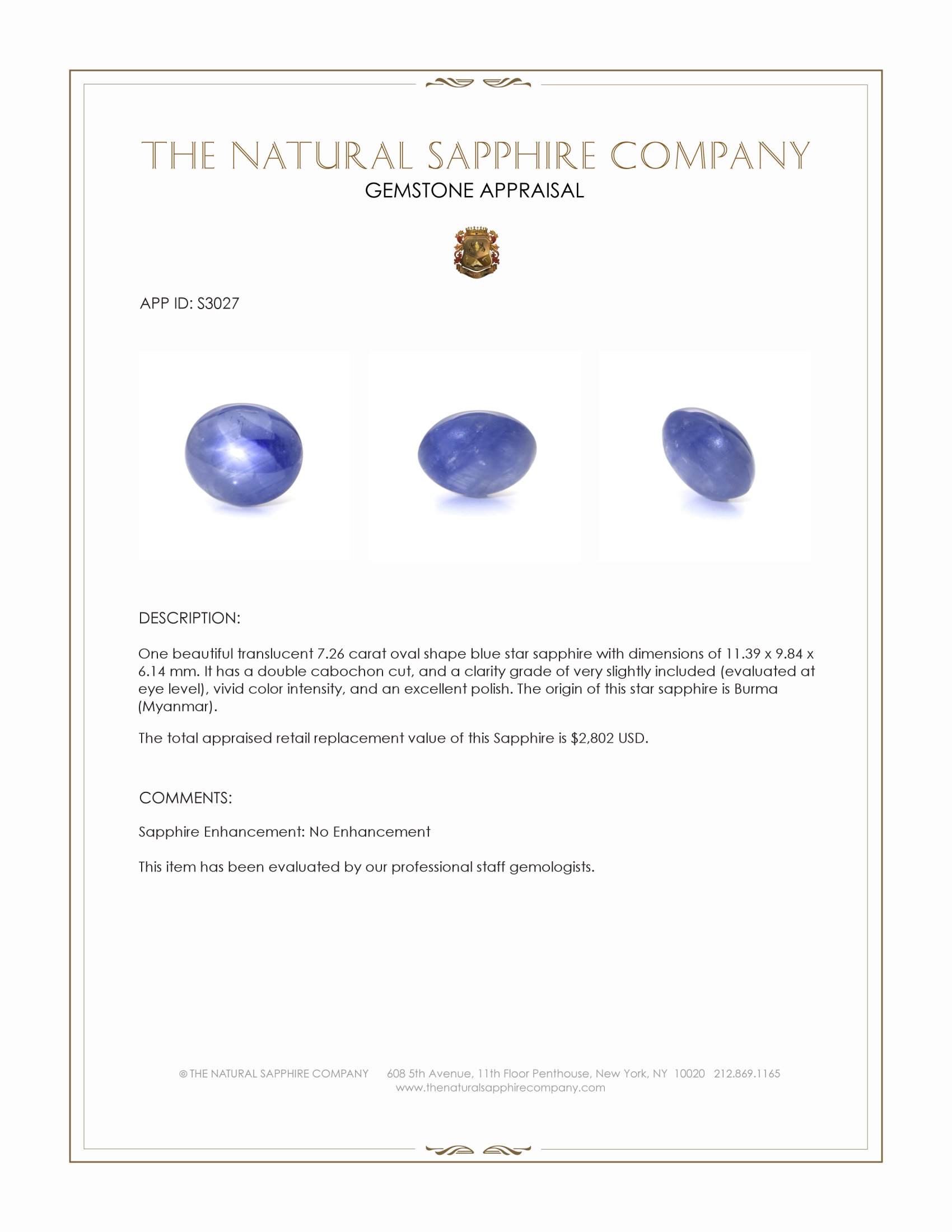 7.26 Ct. Blue Star Sapphire from Burma (Myanmar)