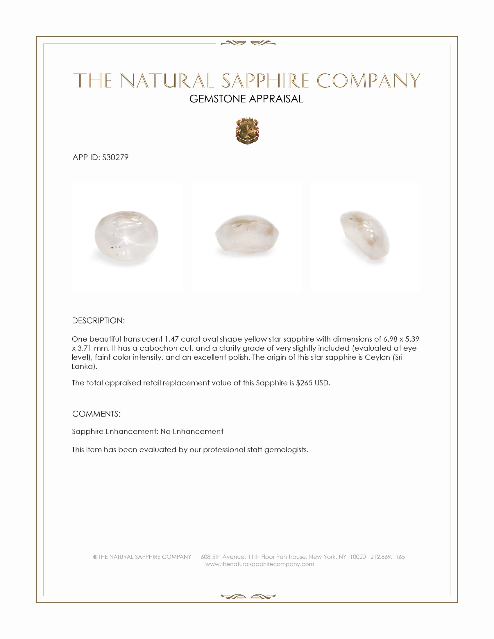 1.47 Ct. Yellow Star Sapphire from Ceylon (Sri Lanka)