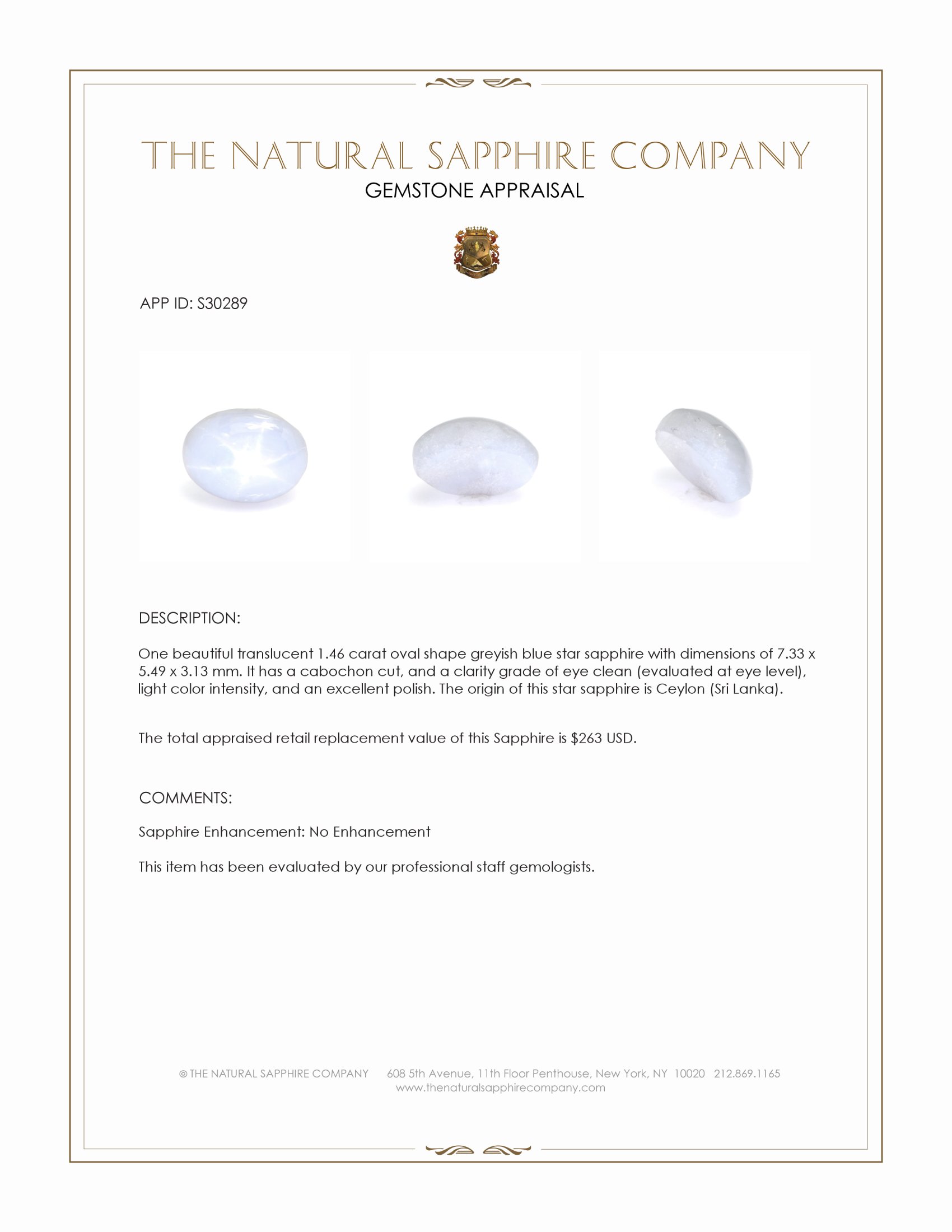 1.46 Ct. Greyish Blue Star Sapphire from Ceylon (Sri Lanka)