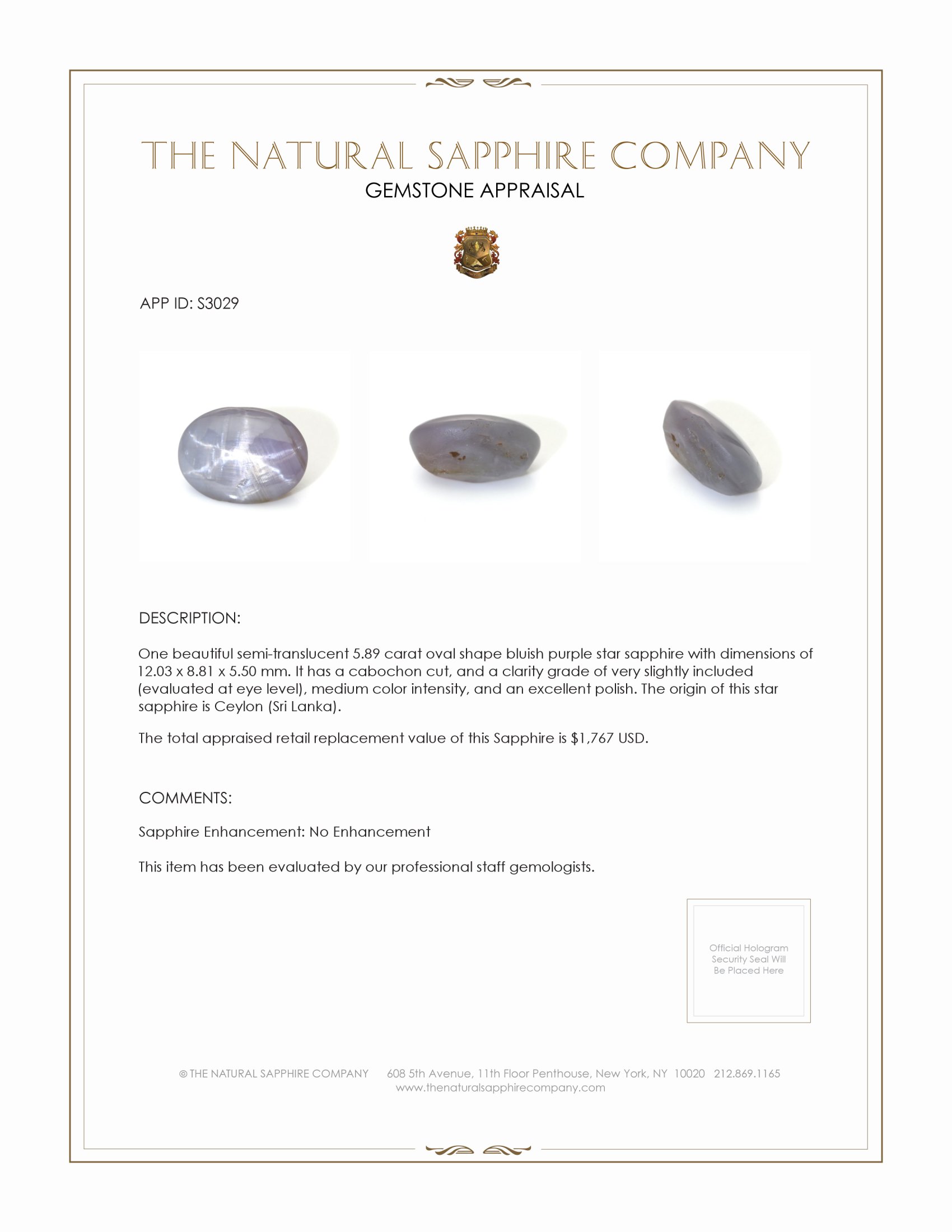 5.89 Ct. Bluish Purple Star Sapphire from Ceylon (Sri Lanka)