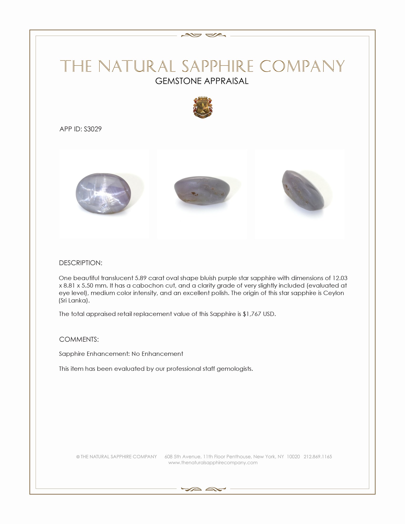 5.89 Ct. Bluish Purple Star Sapphire from Ceylon (Sri Lanka)