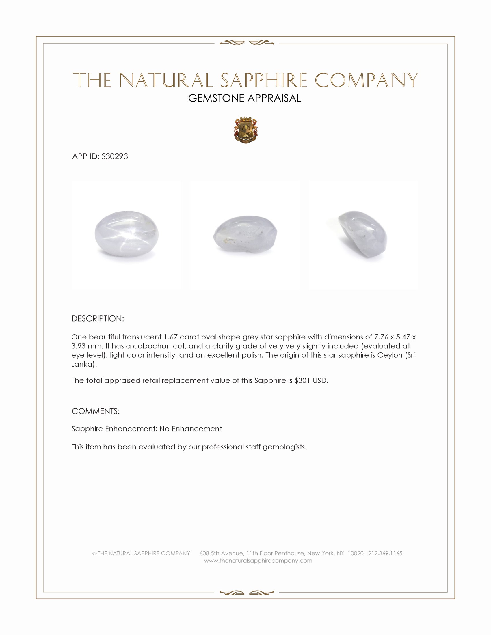 1.67 Ct. Grey Star Sapphire from Ceylon (Sri Lanka)