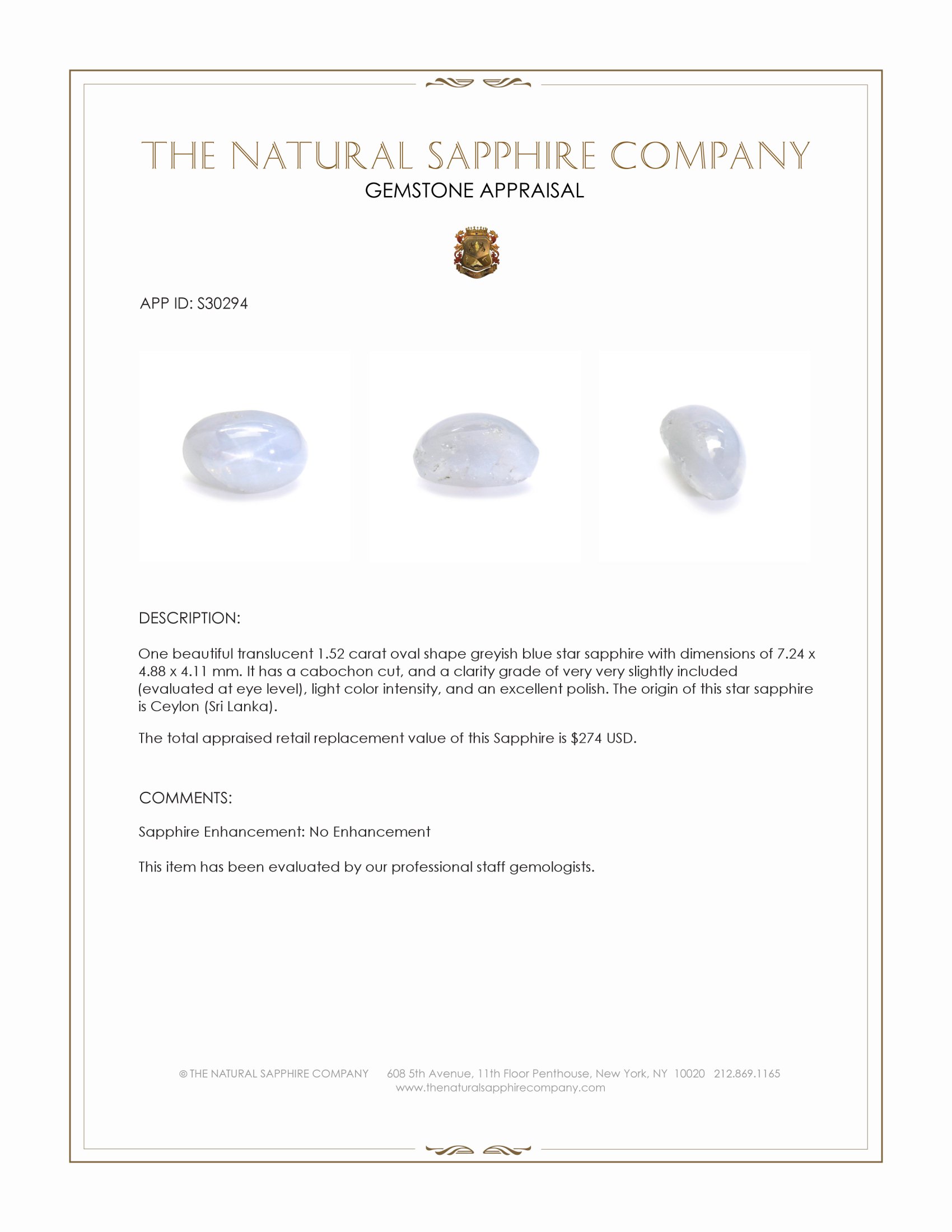 1.52 Ct. Greyish Blue Star Sapphire from Ceylon (Sri Lanka)