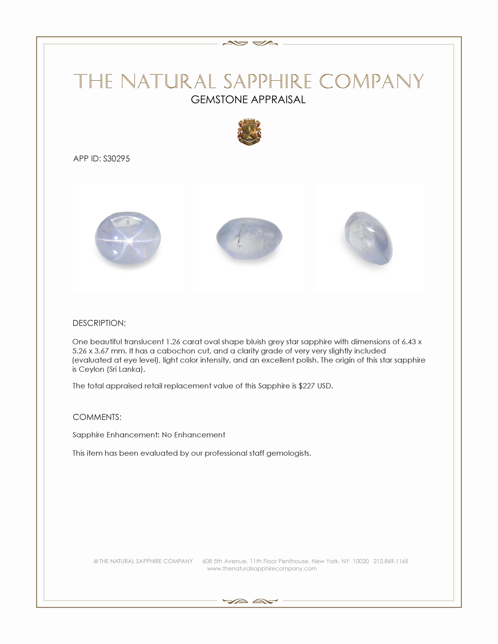 1.26 Ct. Bluish Grey Star Sapphire from Ceylon (Sri Lanka)