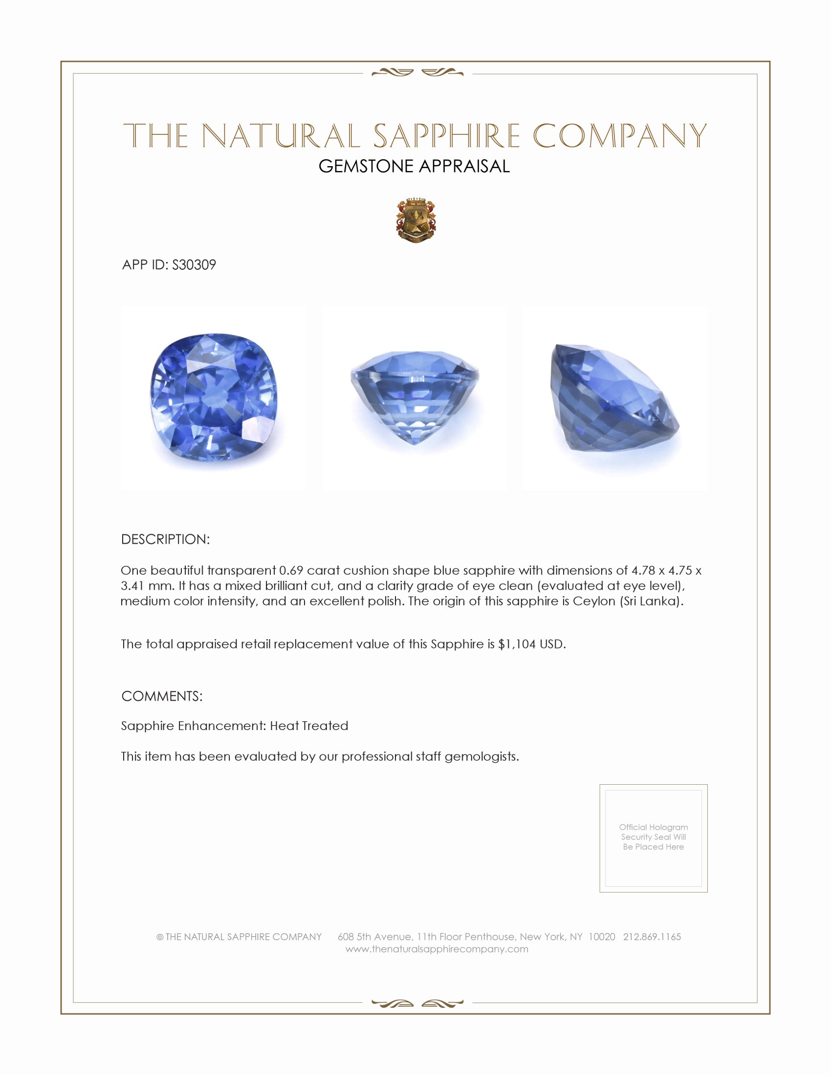 0.69 Ct. Blue Sapphire from Ceylon (Sri Lanka)