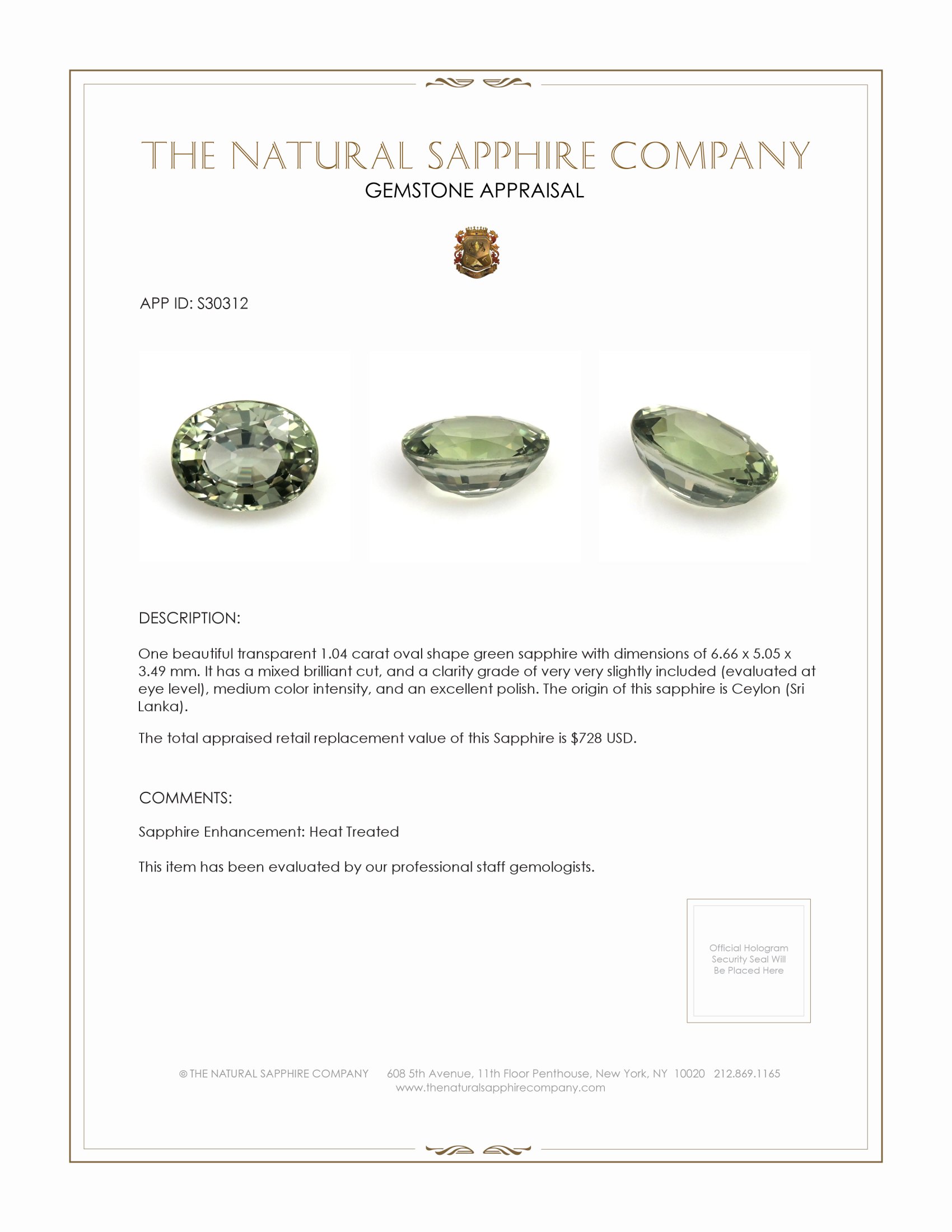 1.04 Ct. Green Sapphire from Ceylon (Sri Lanka)