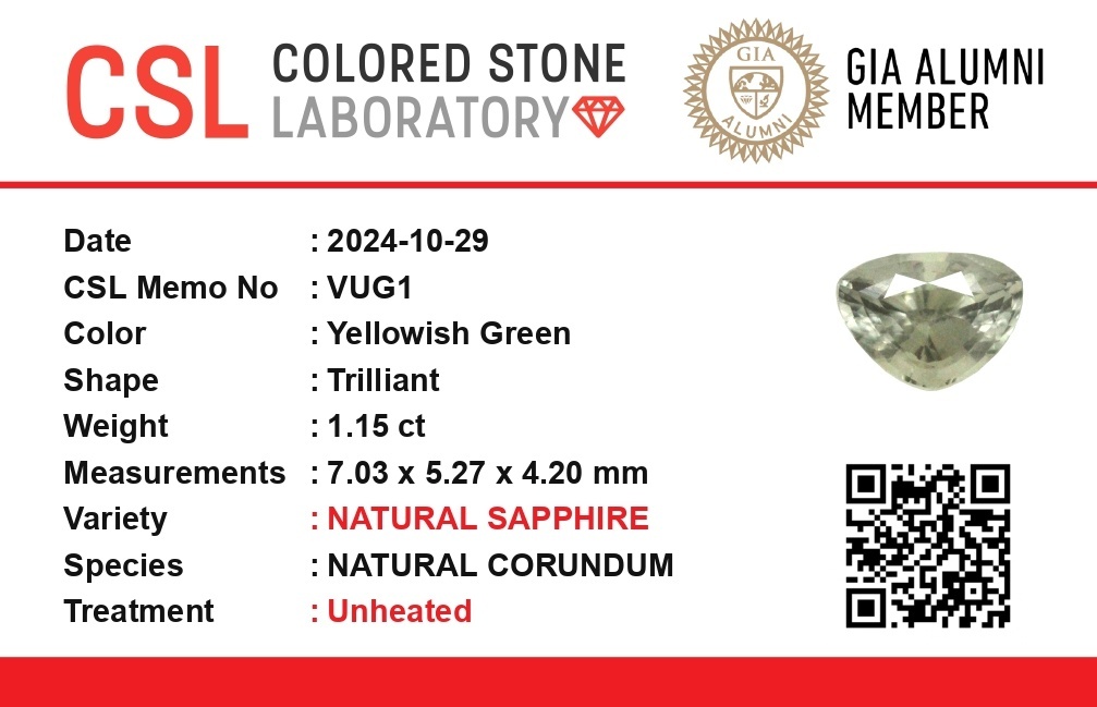 1.16 Ct. Yellowish Green Sapphire from Ceylon (Sri Lanka)