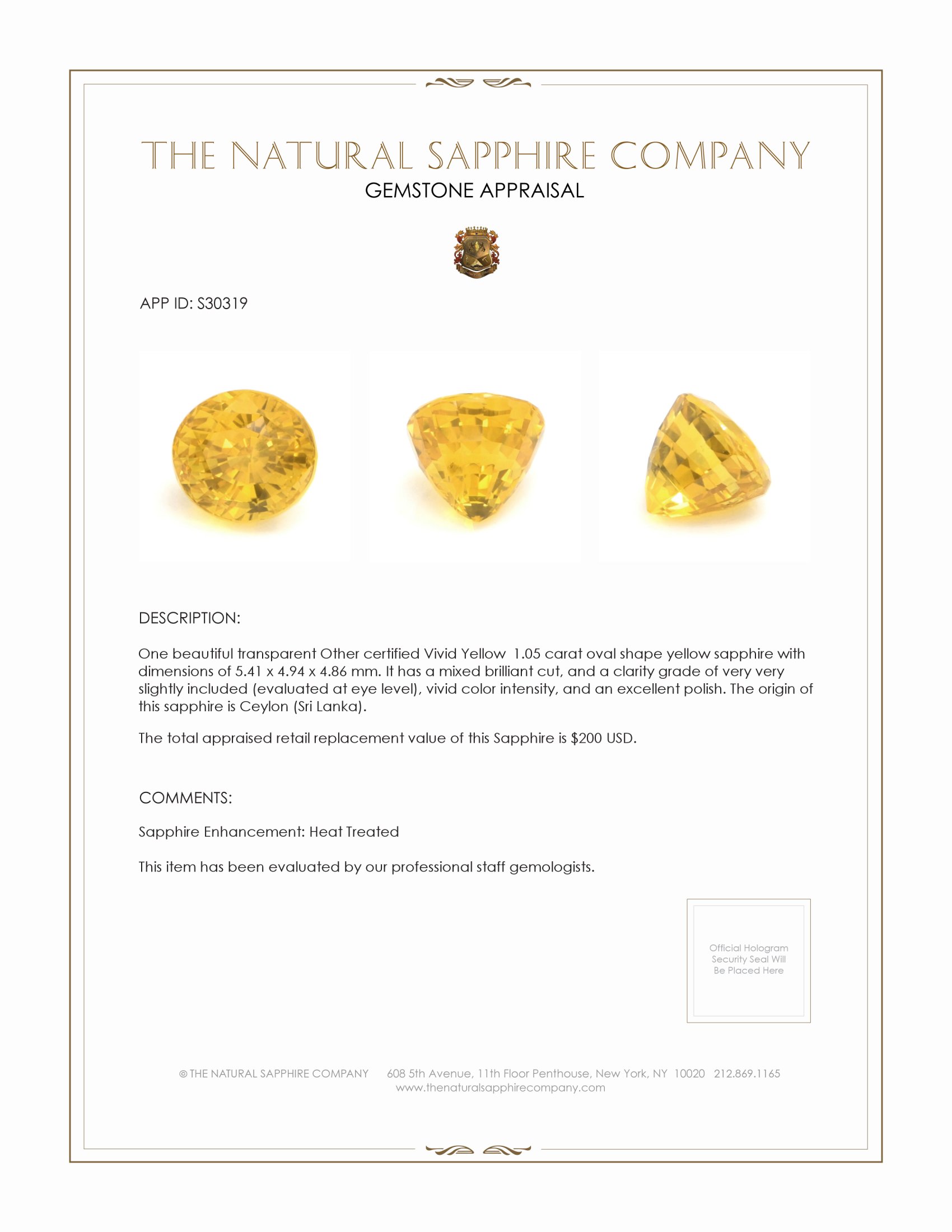 1.05 Ct. Yellow Sapphire from Ceylon (Sri Lanka)