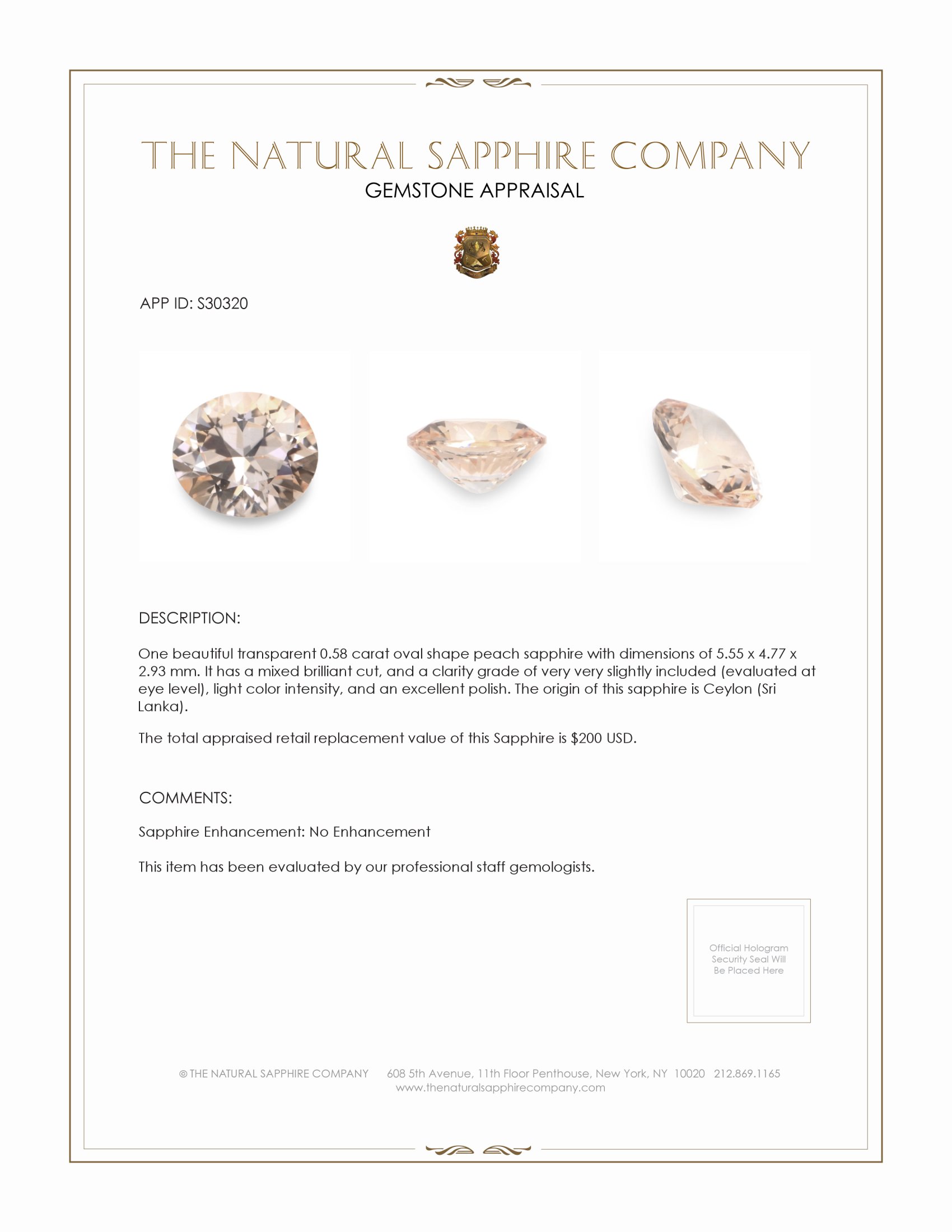 0.58 Ct. Peach Sapphire from Ceylon (Sri Lanka)