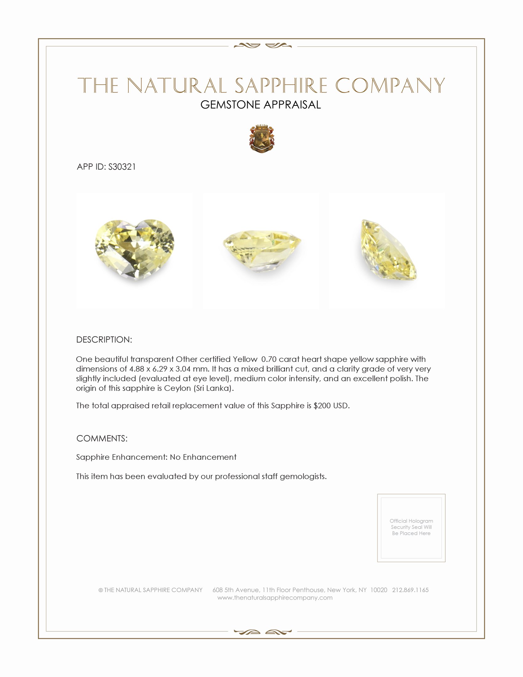 0.70 Ct. Yellow Sapphire from Ceylon (Sri Lanka)