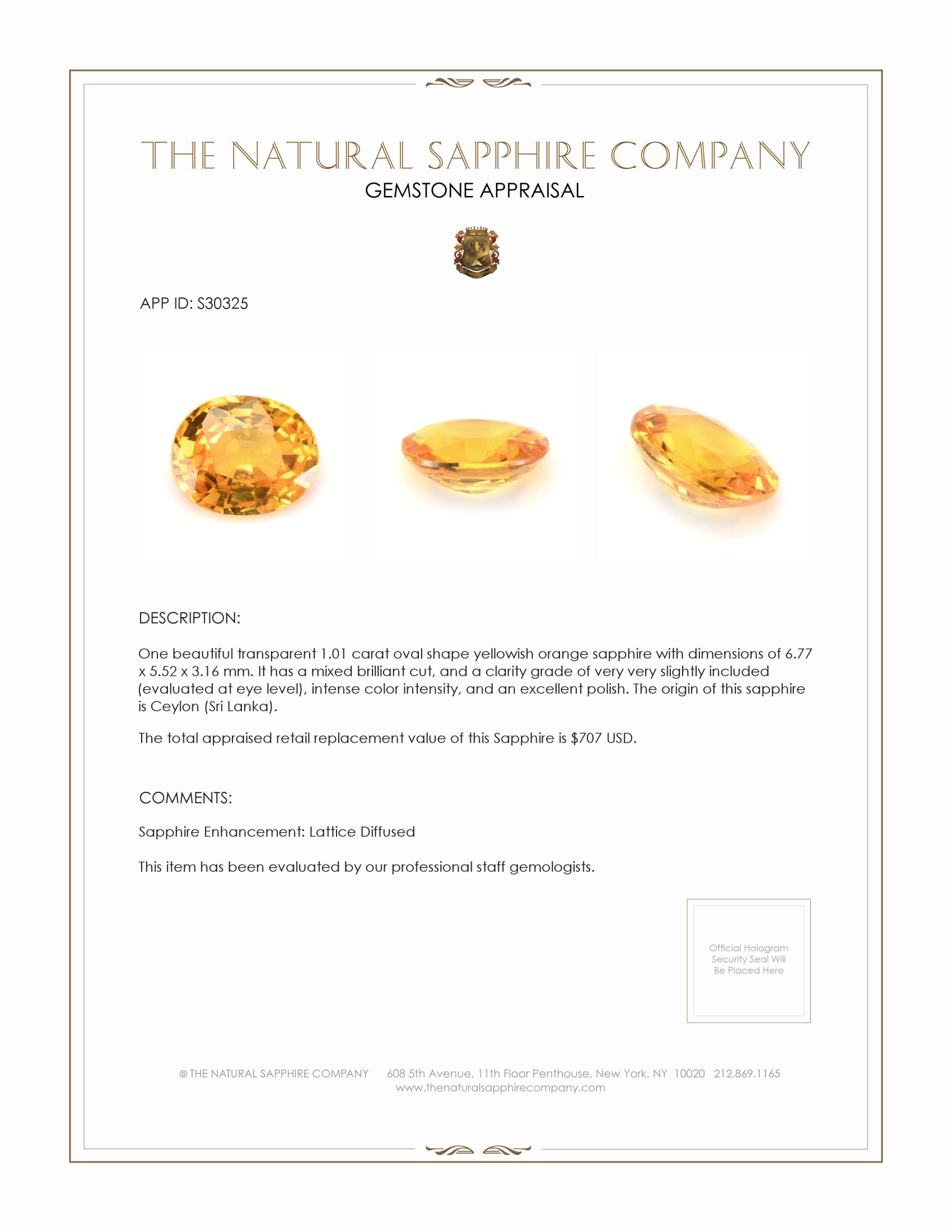 1.01 Ct. Yellowish Orange Sapphire from Ceylon (Sri Lanka)