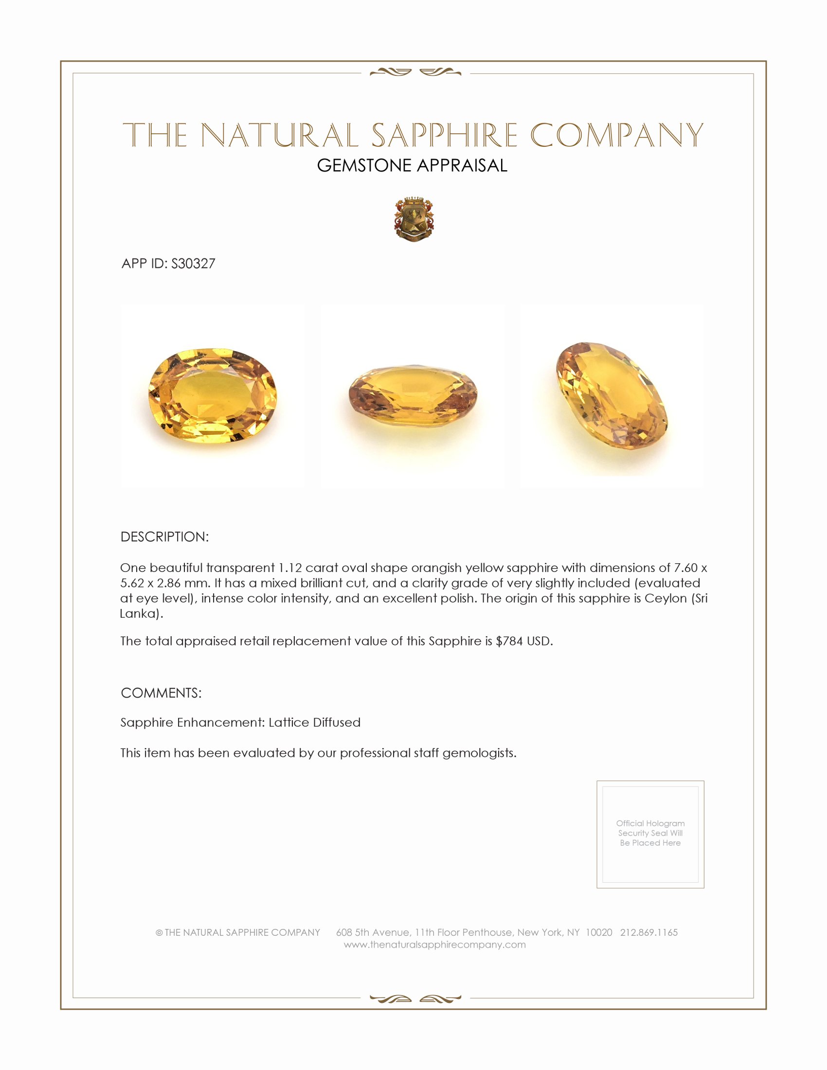 1.12 Ct. Orangish Yellow Sapphire from Ceylon (Sri Lanka)