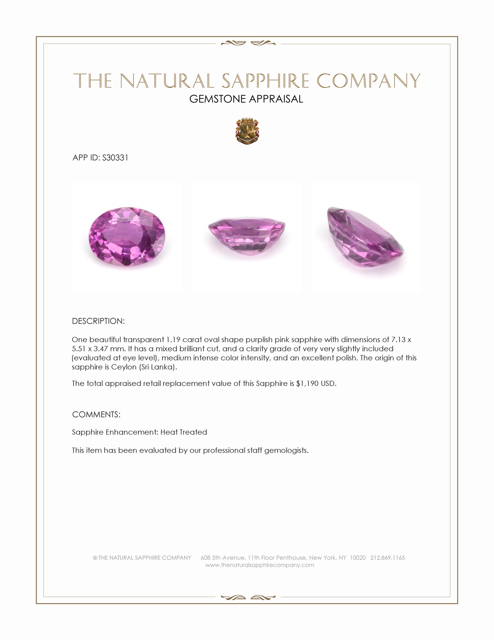 1.19 Ct. Purplish Pink Sapphire from Ceylon (Sri Lanka)