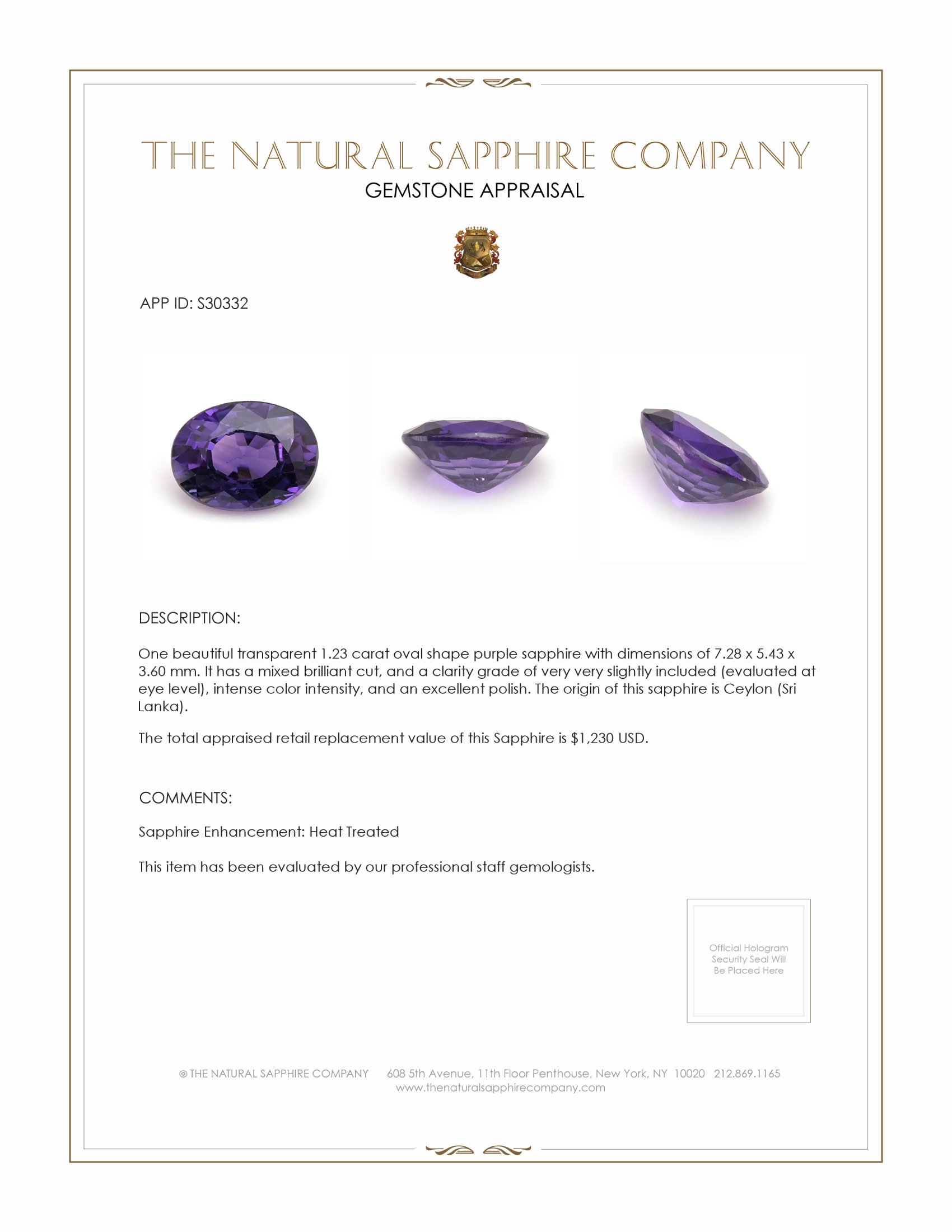 1.23 Ct. Purple Sapphire from Ceylon (Sri Lanka)