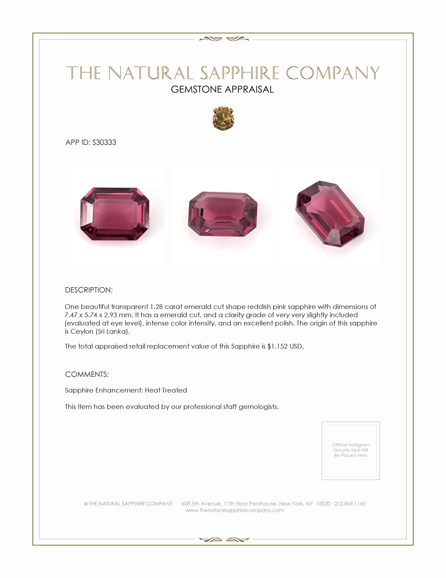 1.28 Ct. Reddish Pink Sapphire from Ceylon (Sri Lanka)