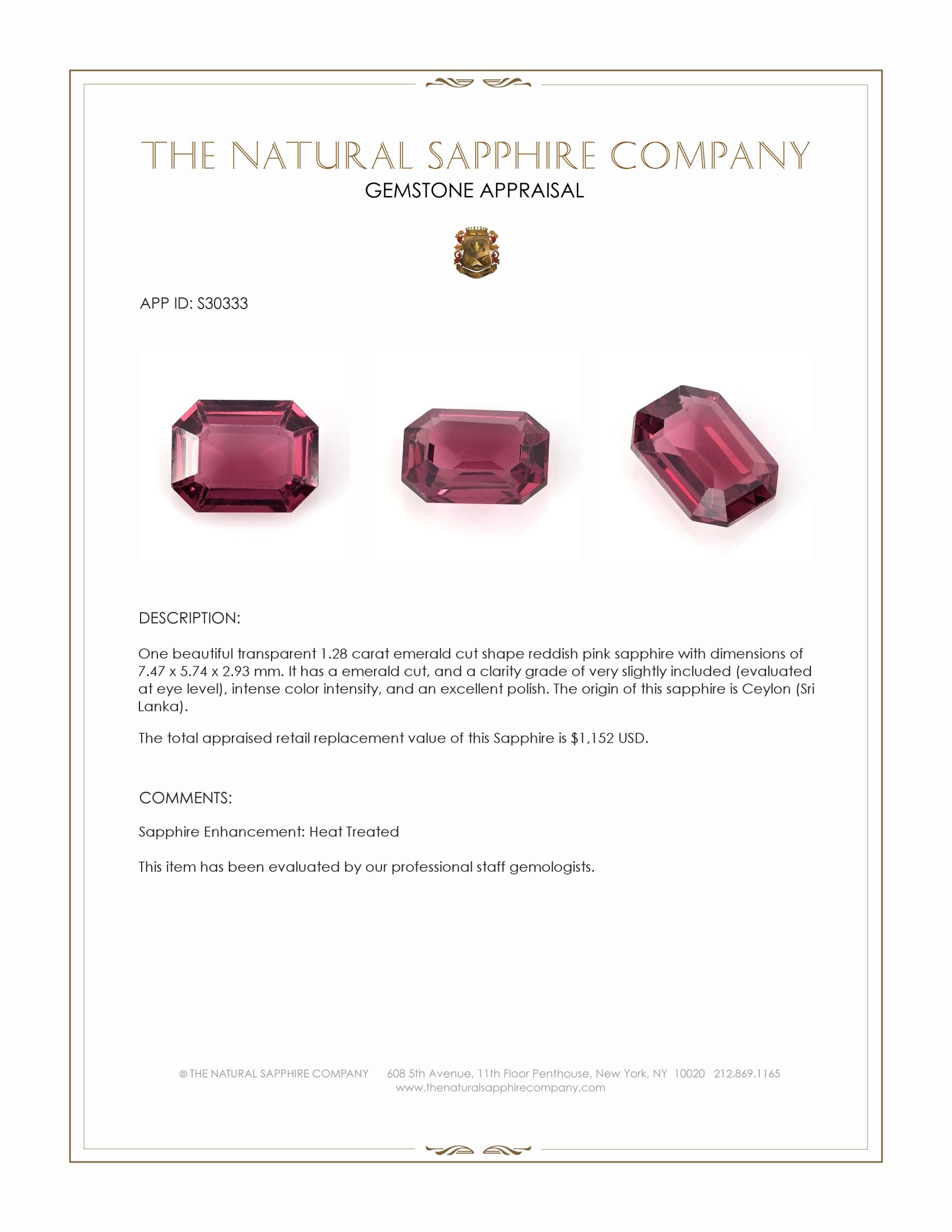 1.28 Ct. Reddish Pink Sapphire from Ceylon (Sri Lanka)