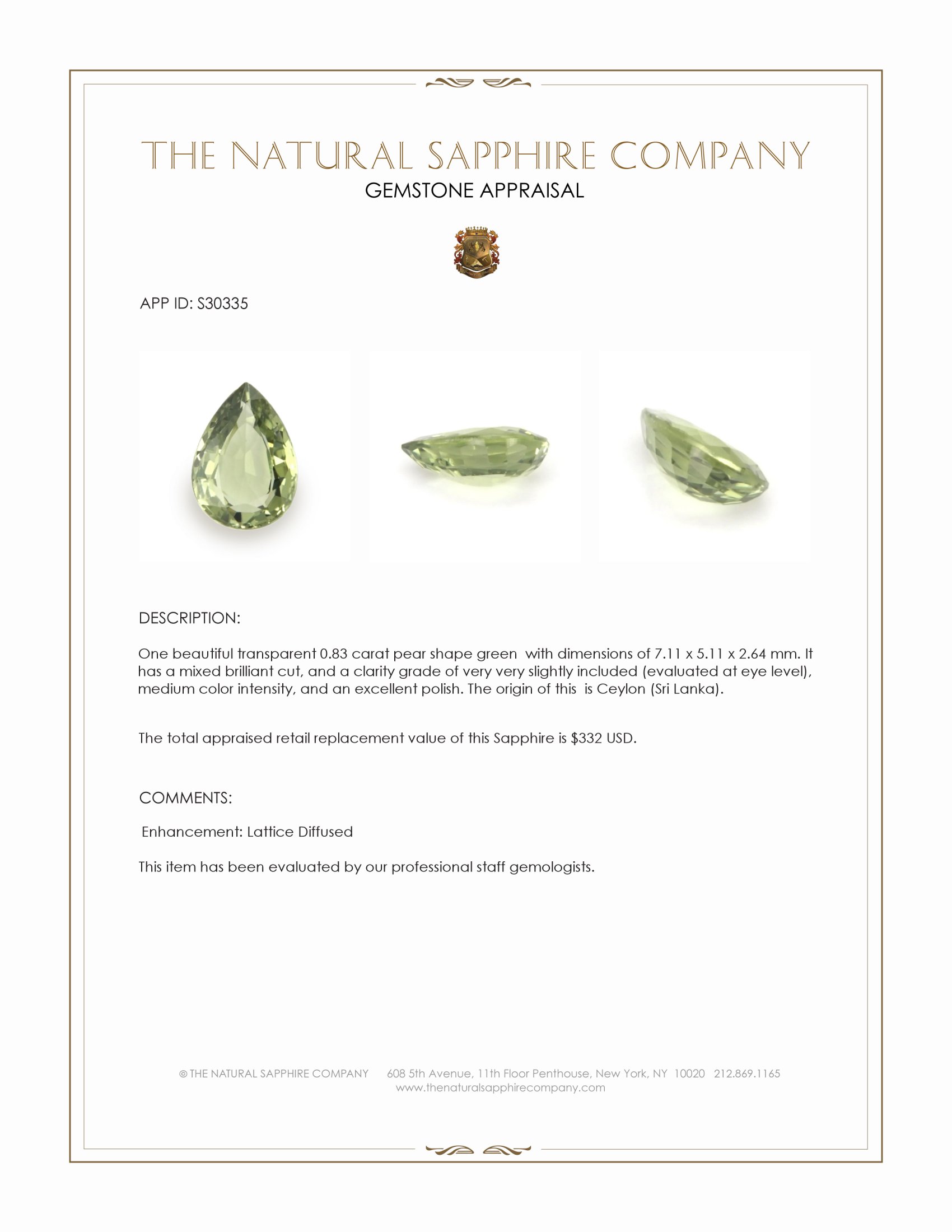 0.83 Ct. Green Sapphire from Ceylon (Sri Lanka)