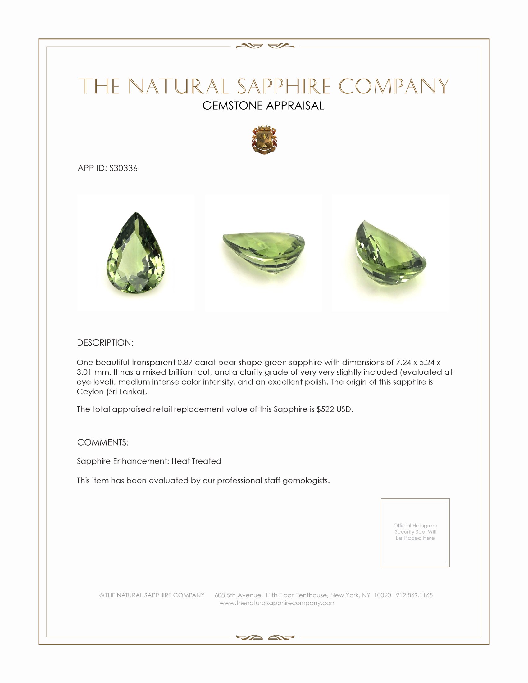 0.87 Ct. Green Sapphire from Ceylon (Sri Lanka)