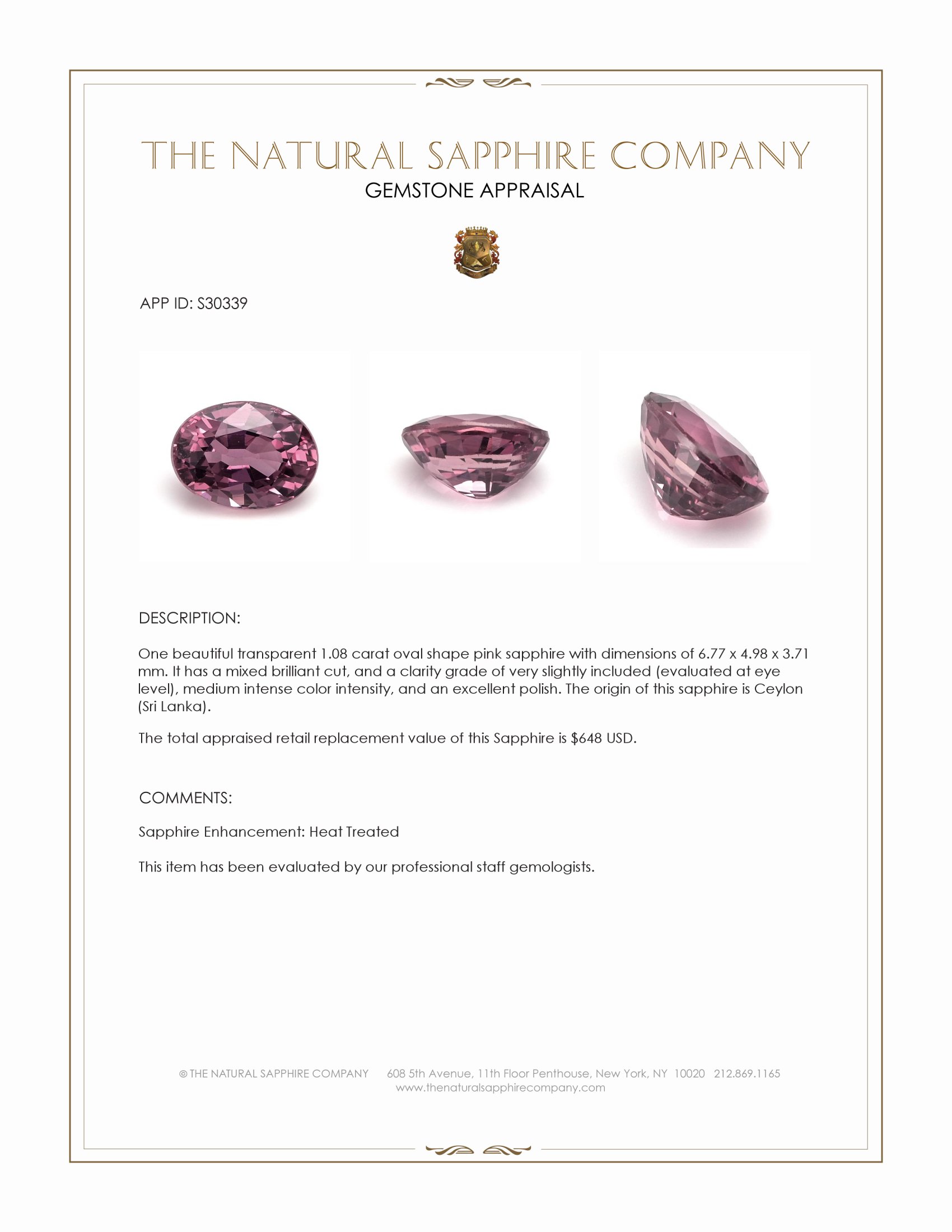 1.08 Ct. Pink Sapphire from Ceylon (Sri Lanka)