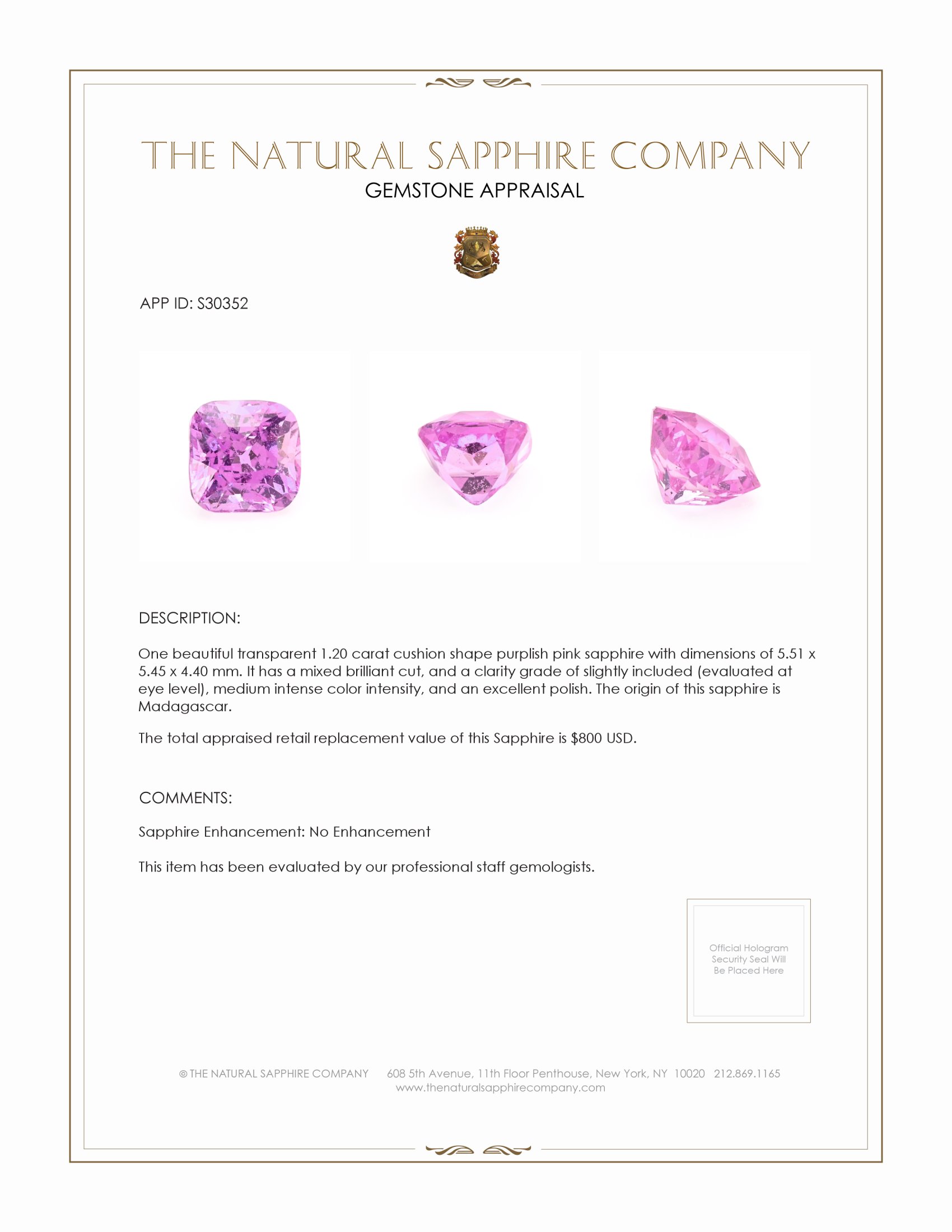 1.20 Ct. Purplish Pink Sapphire from Madagascar