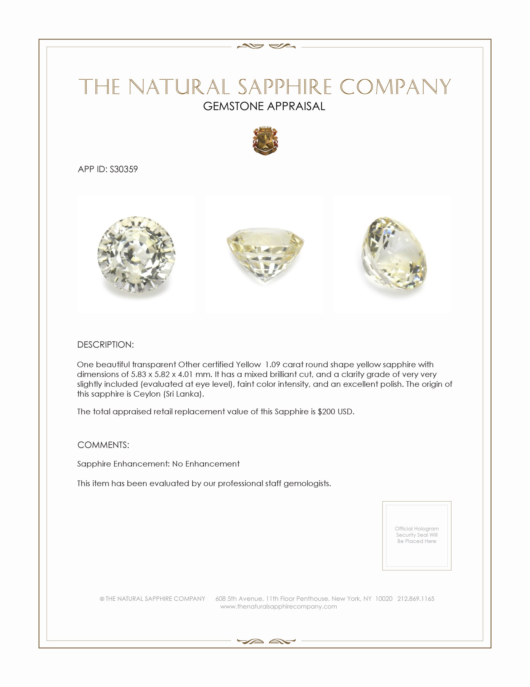 1.09 Ct. Yellow Sapphire from Ceylon (Sri Lanka)