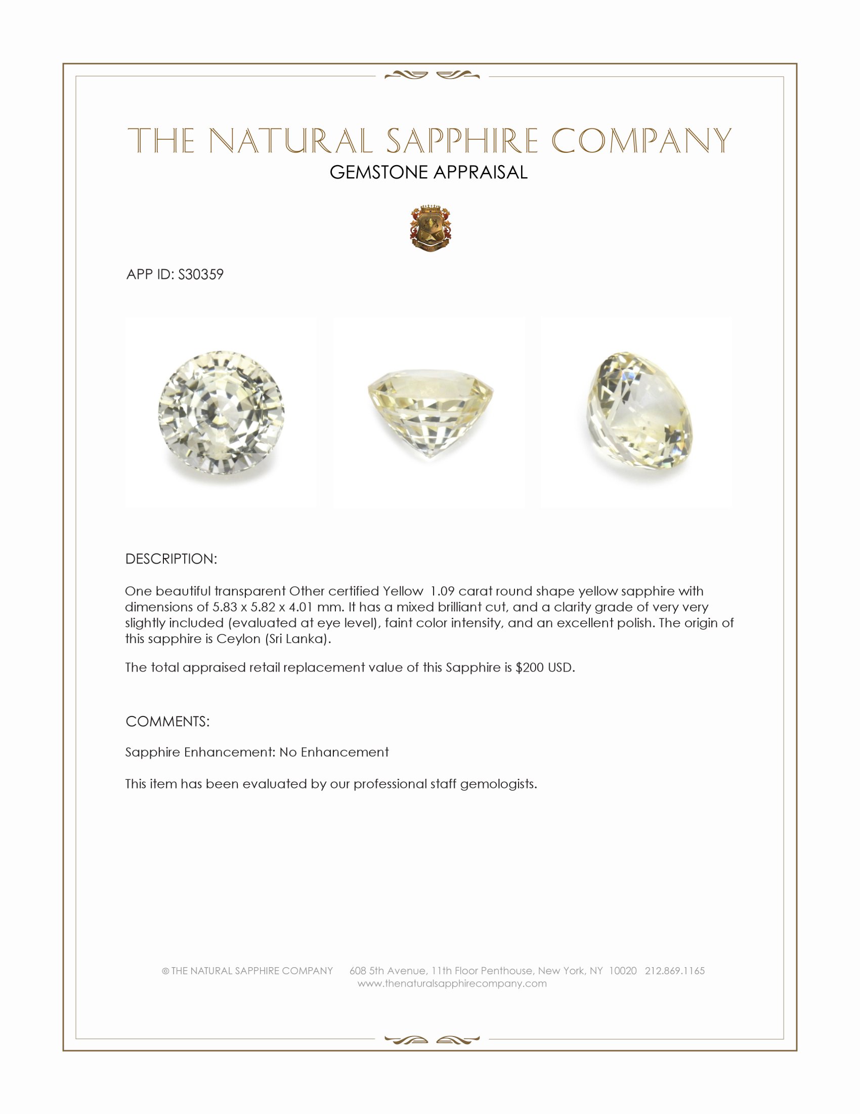 1.09 Ct. Yellow Sapphire from Ceylon (Sri Lanka)