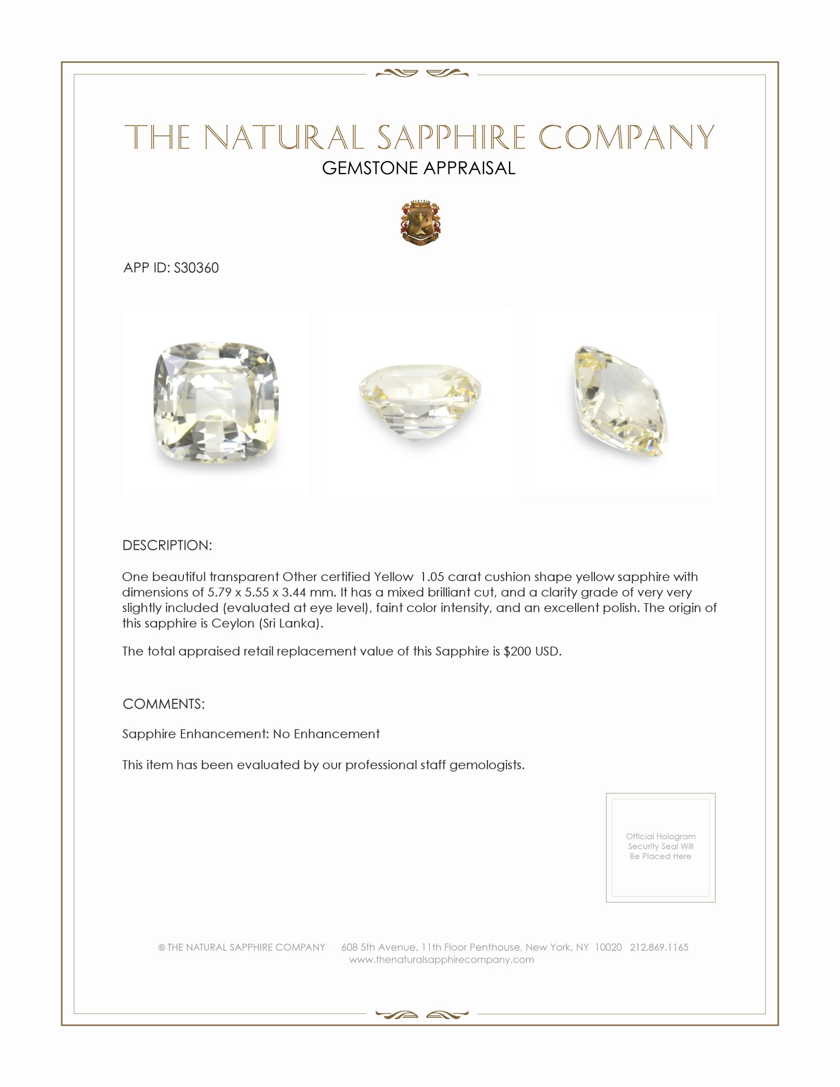 1.05 Ct. Yellow Sapphire from Ceylon (Sri Lanka)