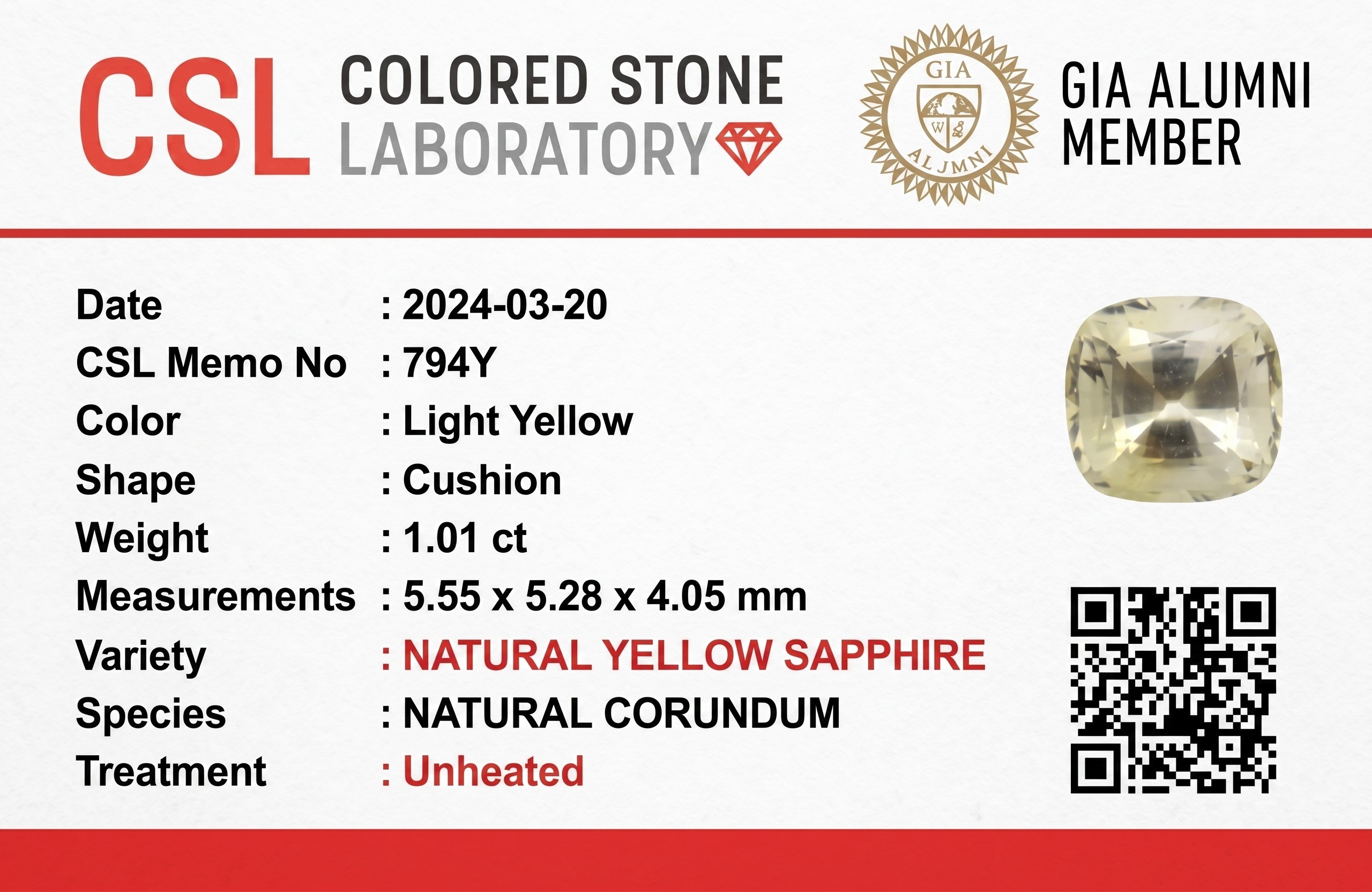 1.05 Ct. Yellow Sapphire from Ceylon (Sri Lanka)