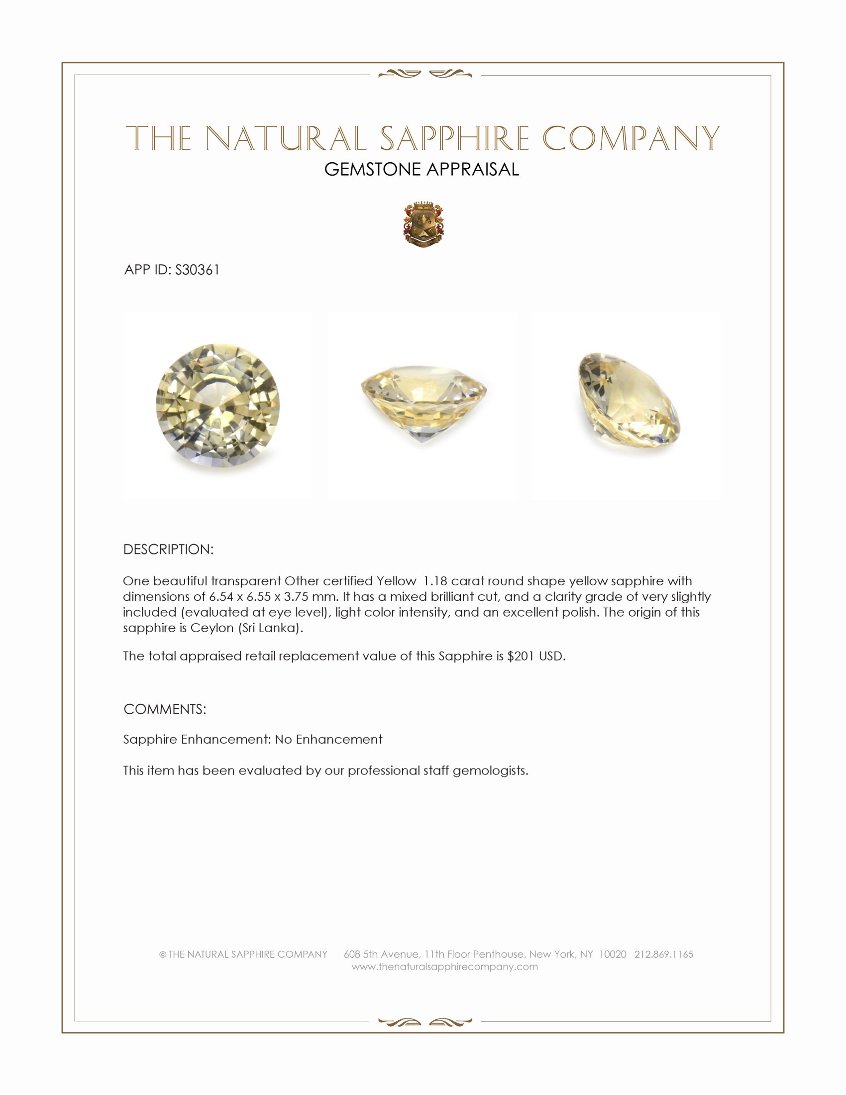 1.18 Ct. Yellow Sapphire from Ceylon (Sri Lanka)