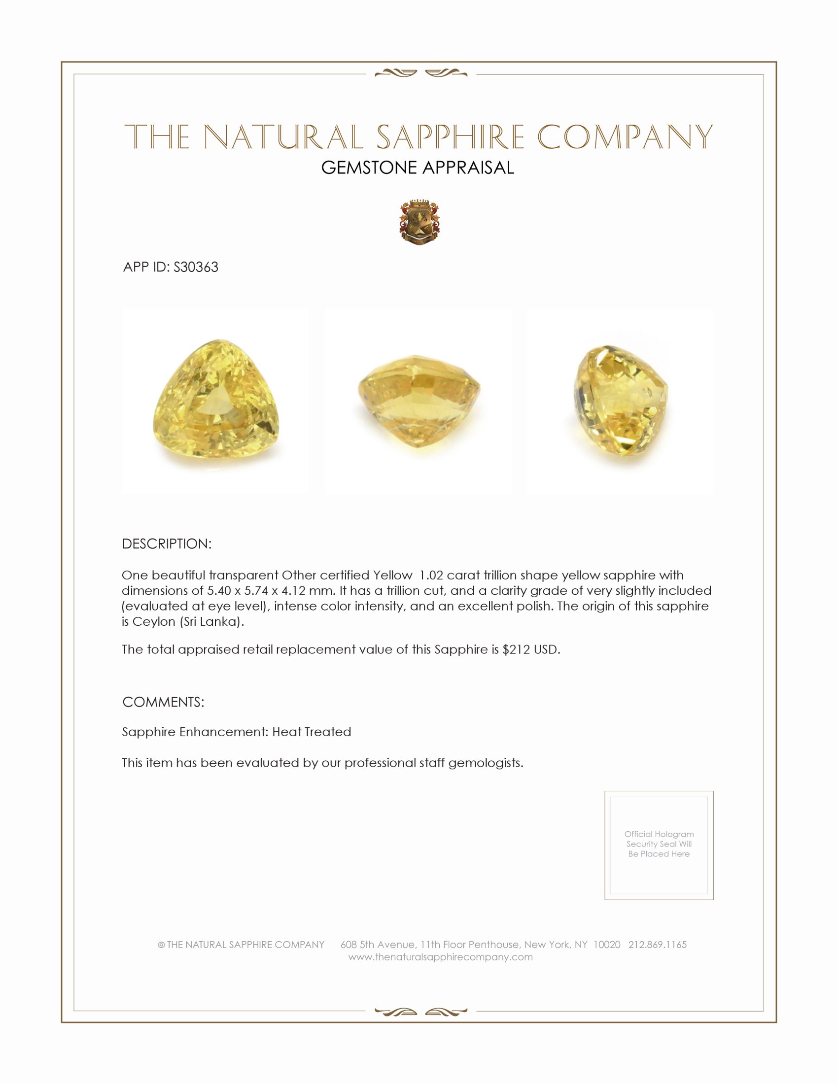 1.02 Ct. Yellow Sapphire from Ceylon (Sri Lanka)