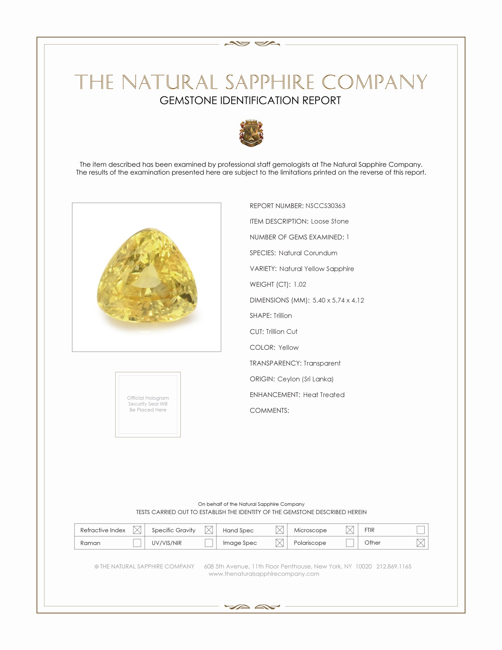 1.02 Ct. Yellow Sapphire from Ceylon (Sri Lanka)