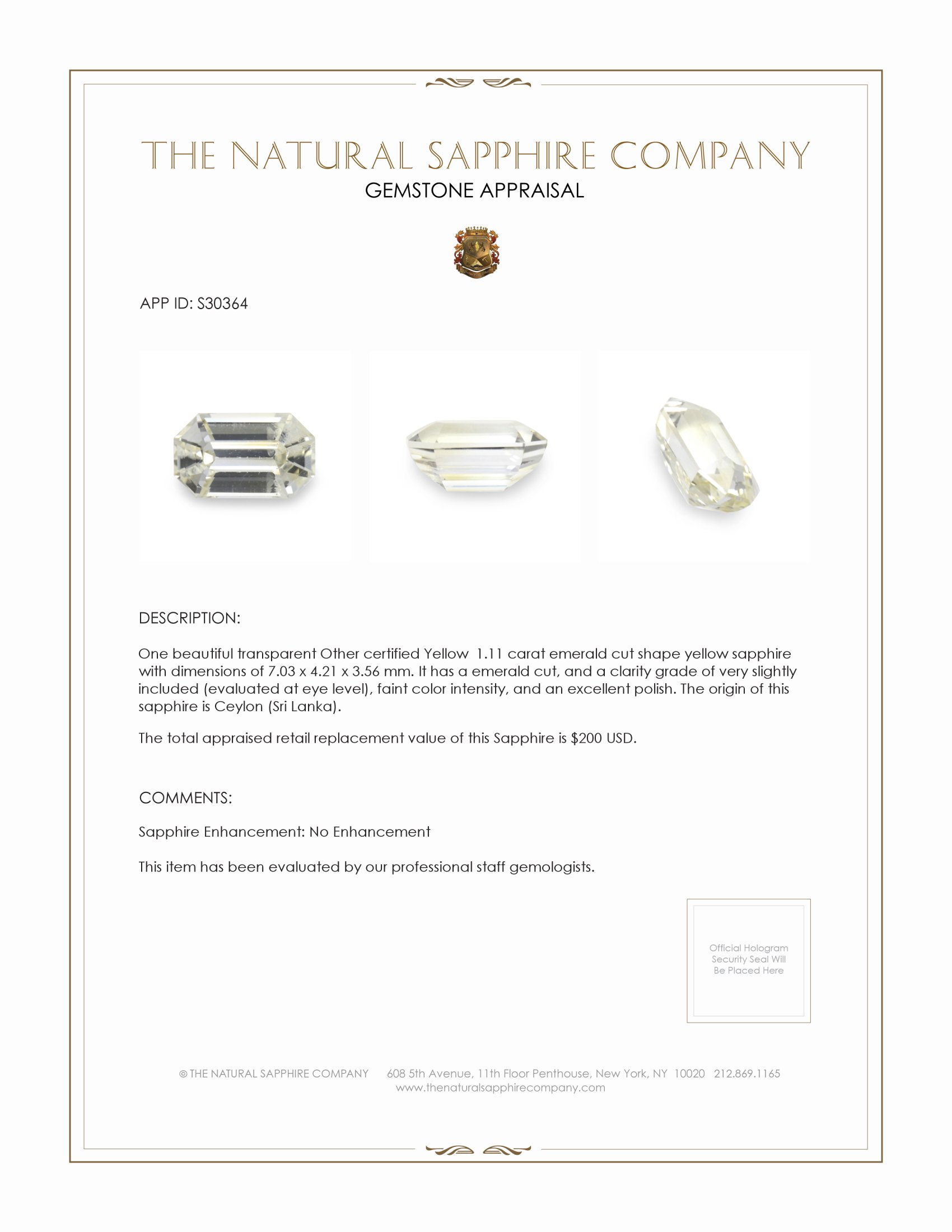 1.11 Ct. Yellow Sapphire from Ceylon (Sri Lanka)