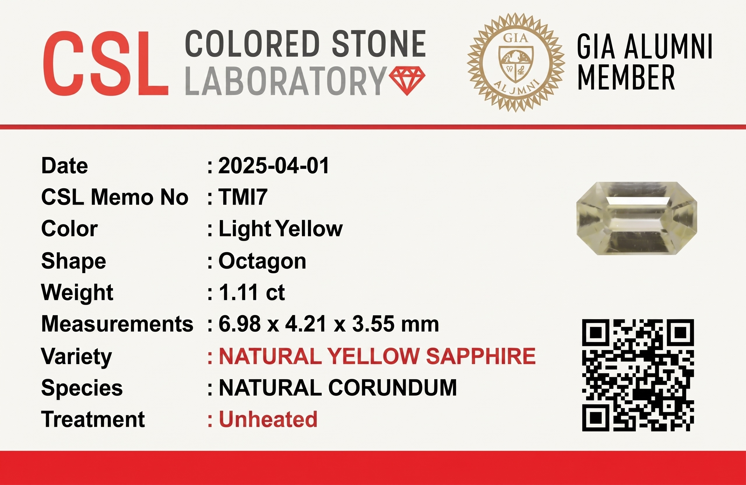 1.11 Ct. Yellow Sapphire from Ceylon (Sri Lanka)