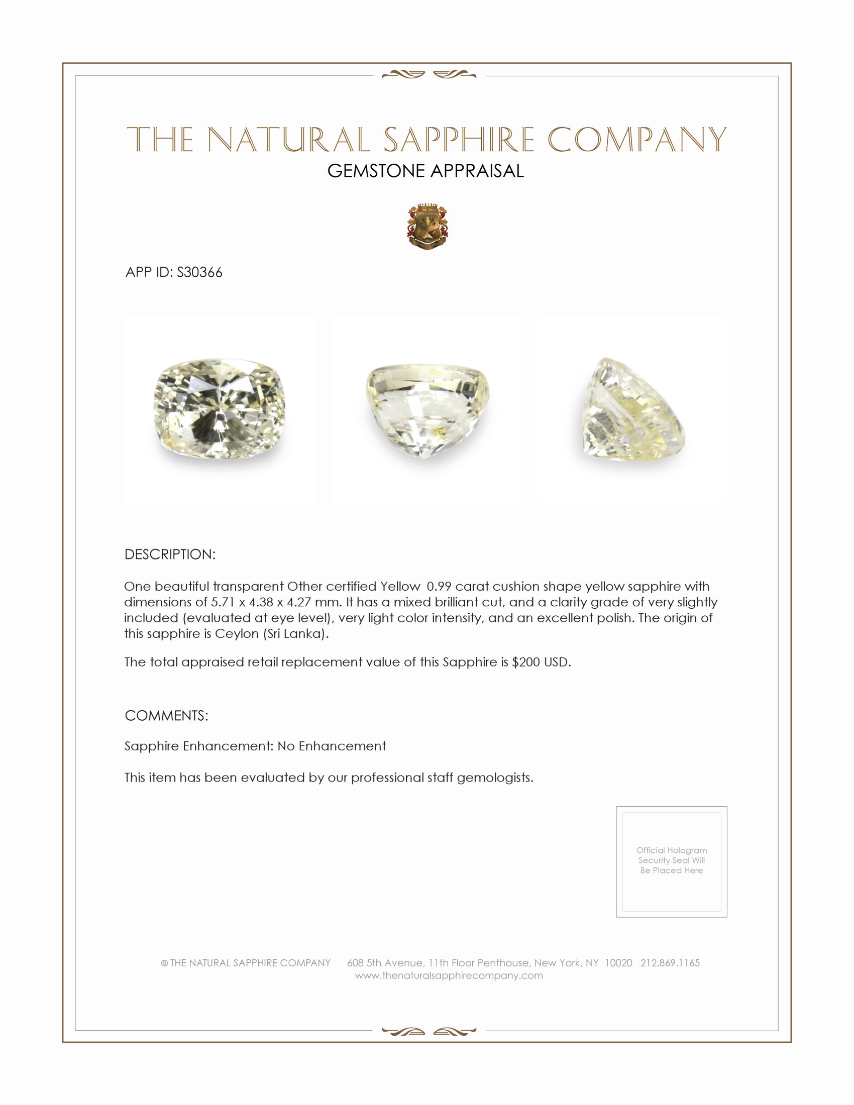 0.99 Ct. Yellow Sapphire from Ceylon (Sri Lanka)