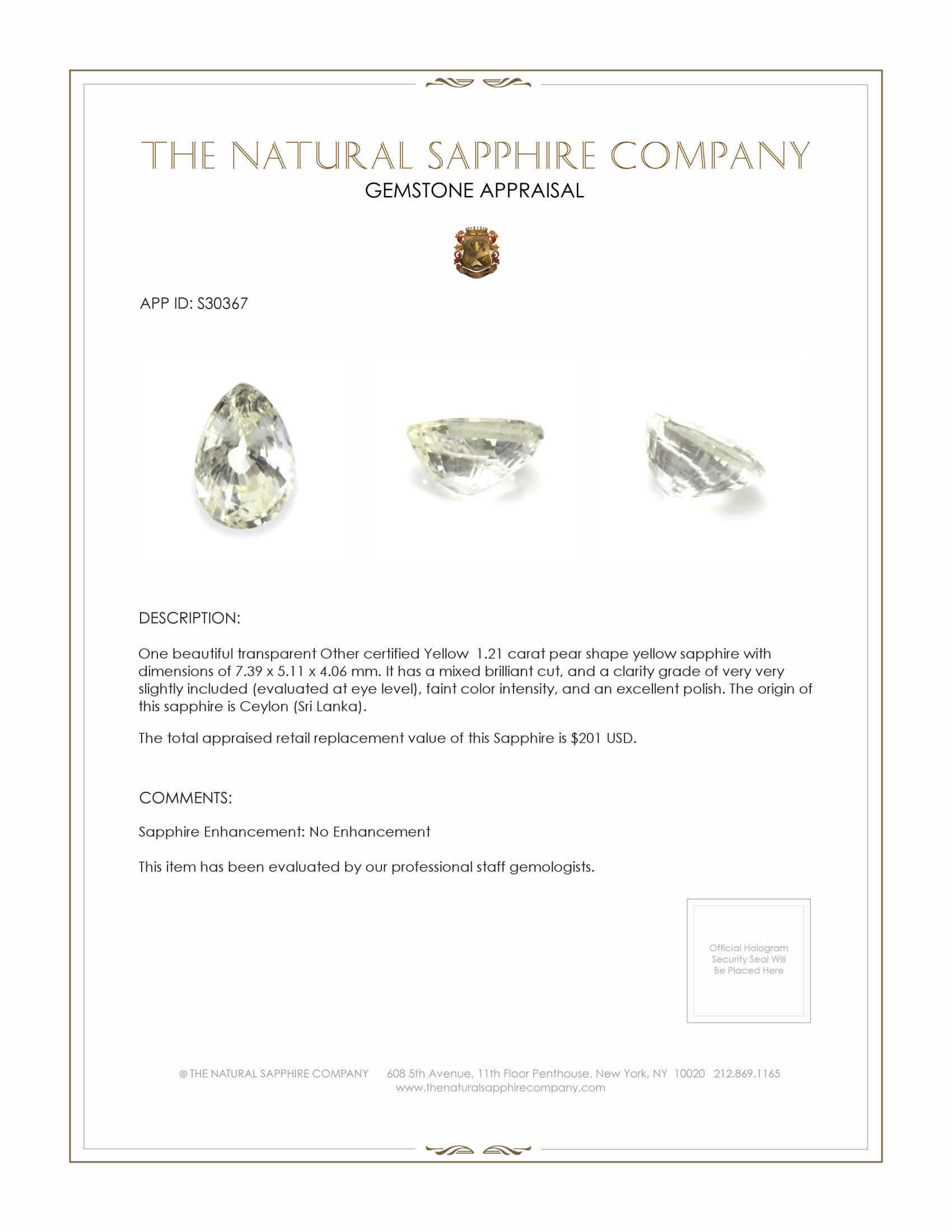 1.21 Ct. Yellow Sapphire from Ceylon (Sri Lanka)