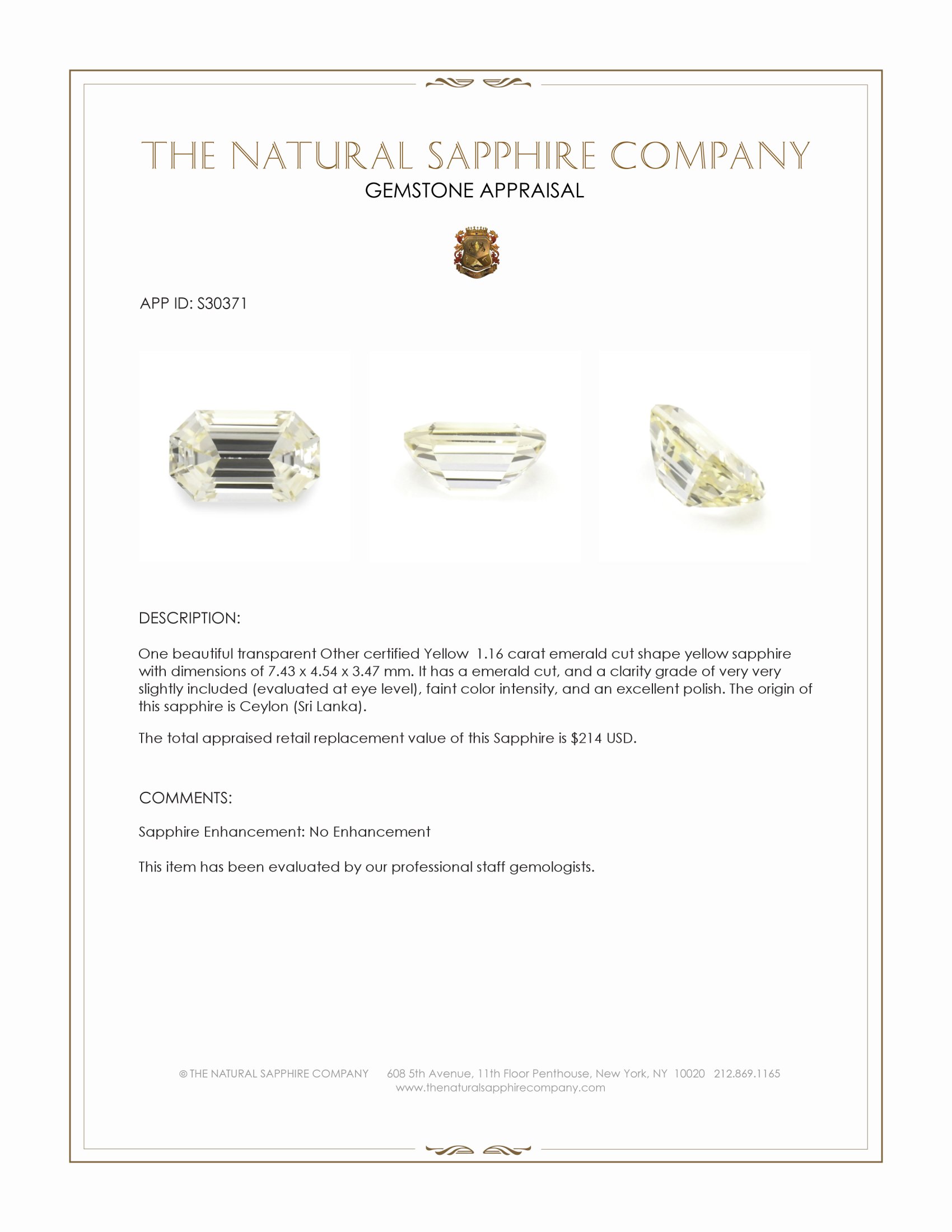 1.16 Ct. Yellow Sapphire from Ceylon (Sri Lanka)