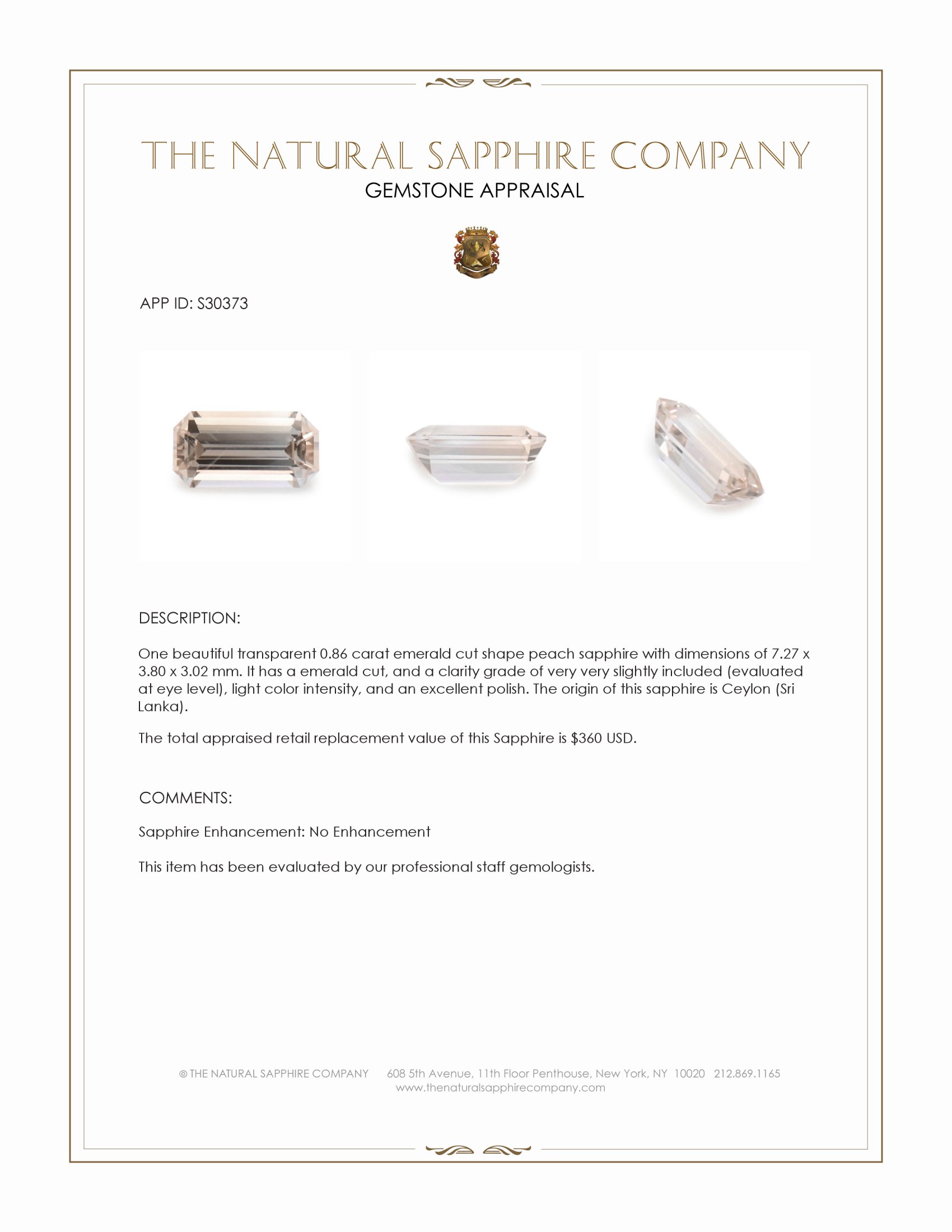 0.86 Ct. Peach Sapphire from Ceylon (Sri Lanka)