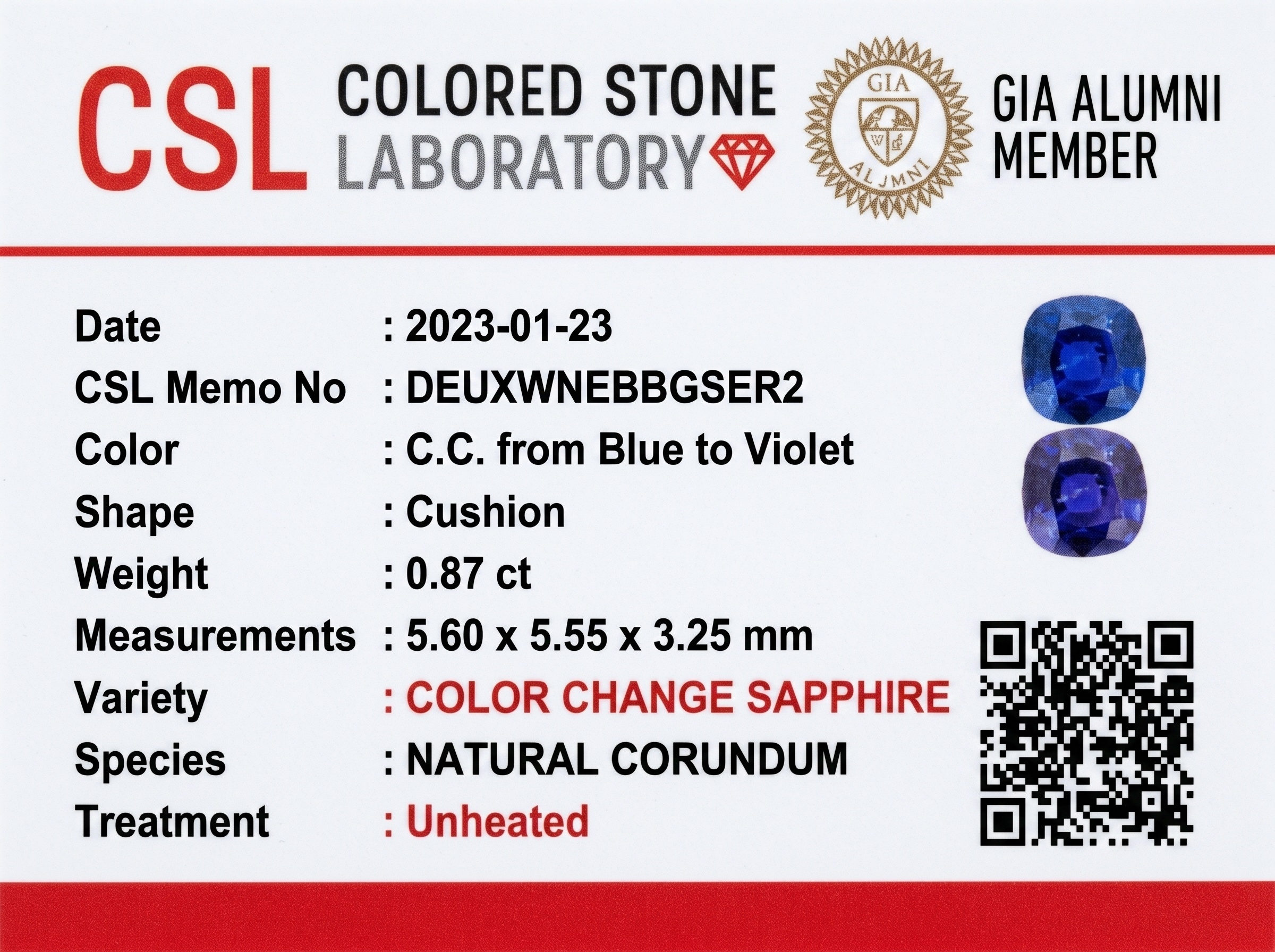 0.87 Ct. Color Change Sapphire from Ceylon (Sri Lanka)