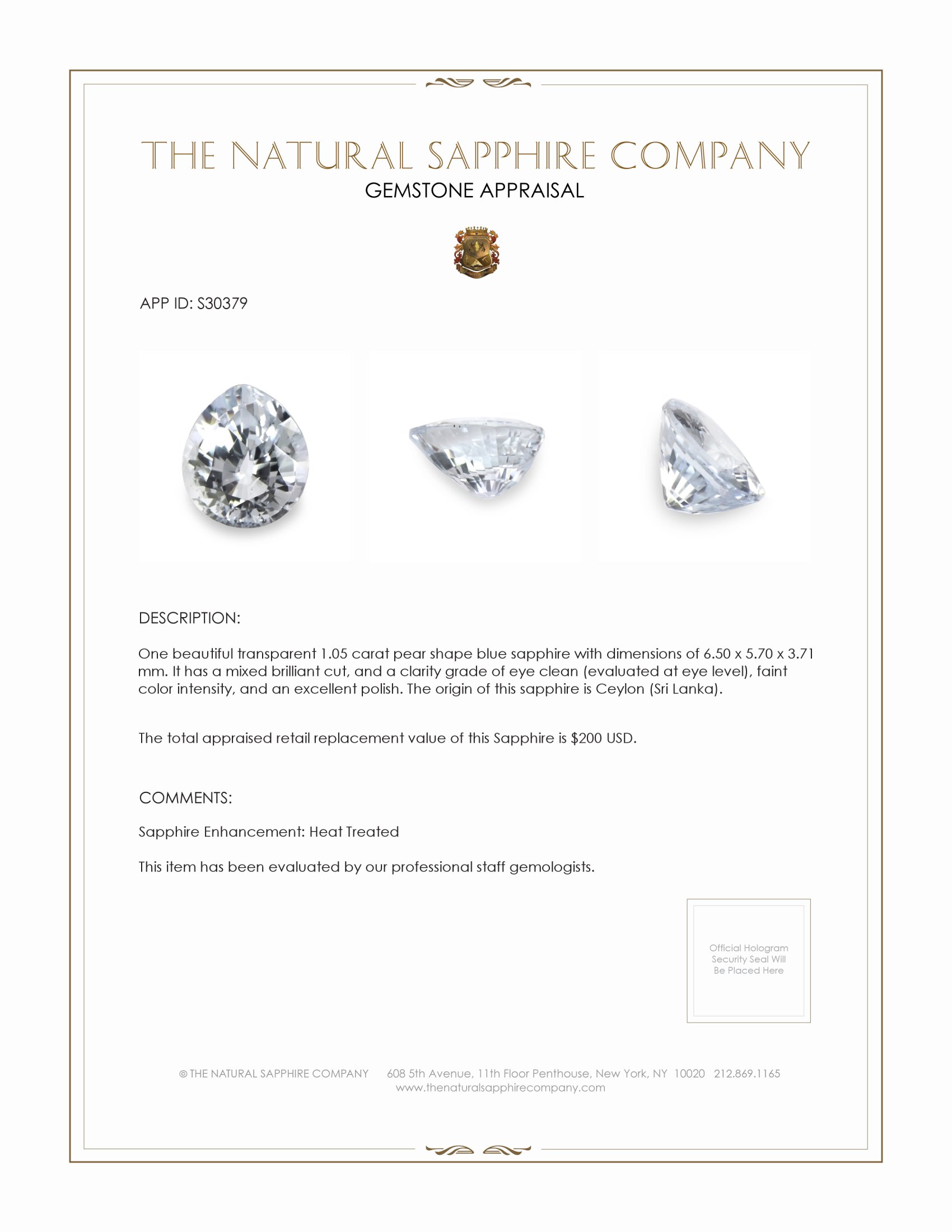 1.05 Ct. Blue Sapphire from Ceylon (Sri Lanka)