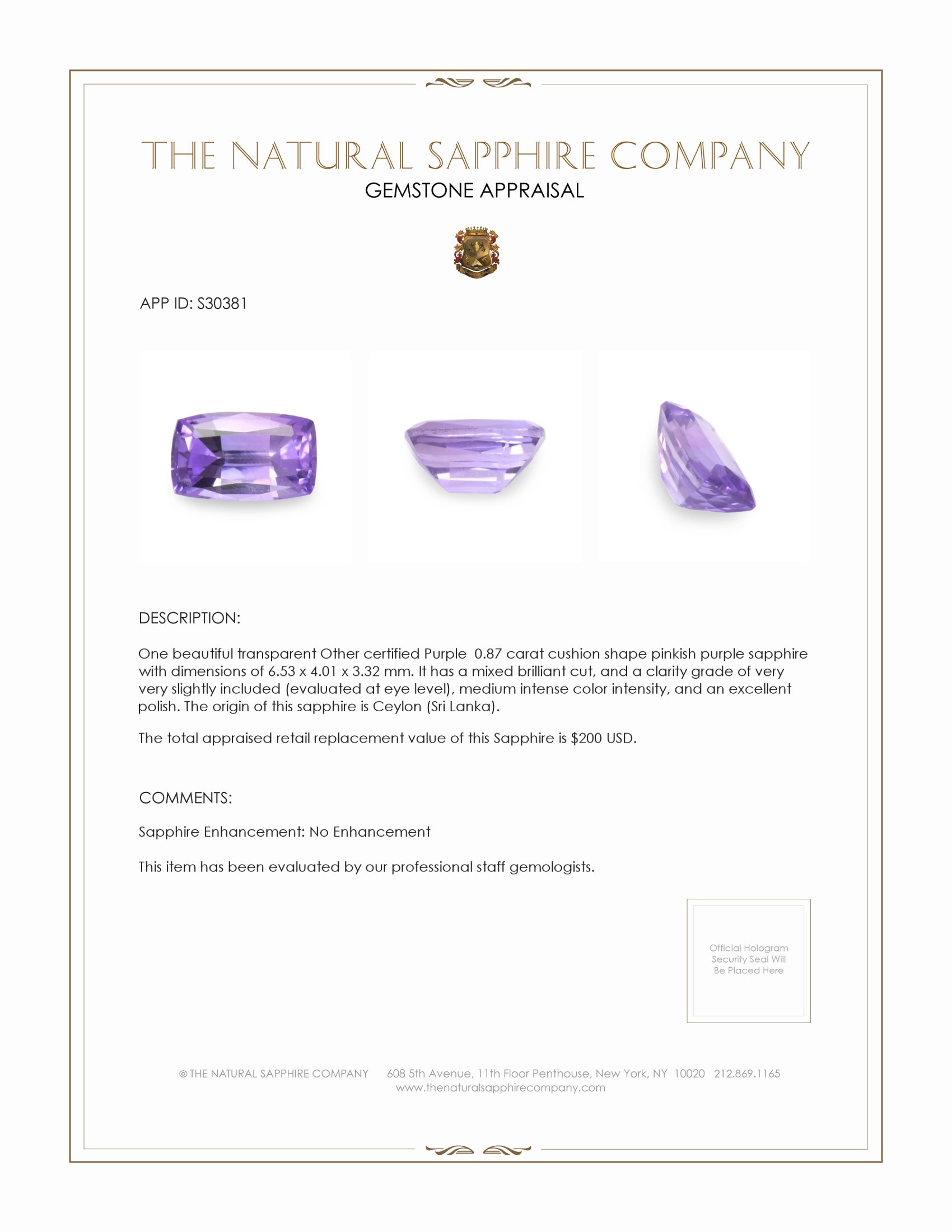 0.87 Ct. Pinkish Purple Sapphire from Ceylon (Sri Lanka)