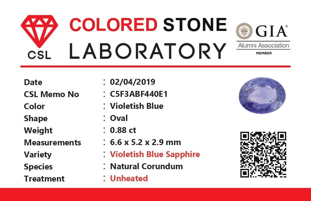 0.87 Ct. Violet Sapphire from Ceylon (Sri Lanka)