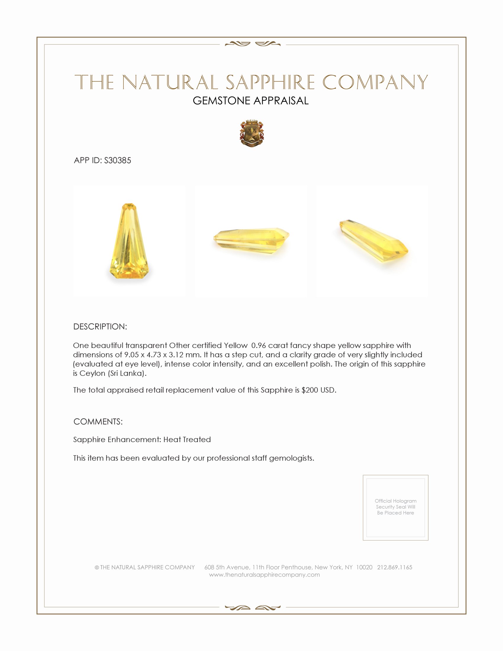 0.96 Ct. Yellow Sapphire from Ceylon (Sri Lanka)